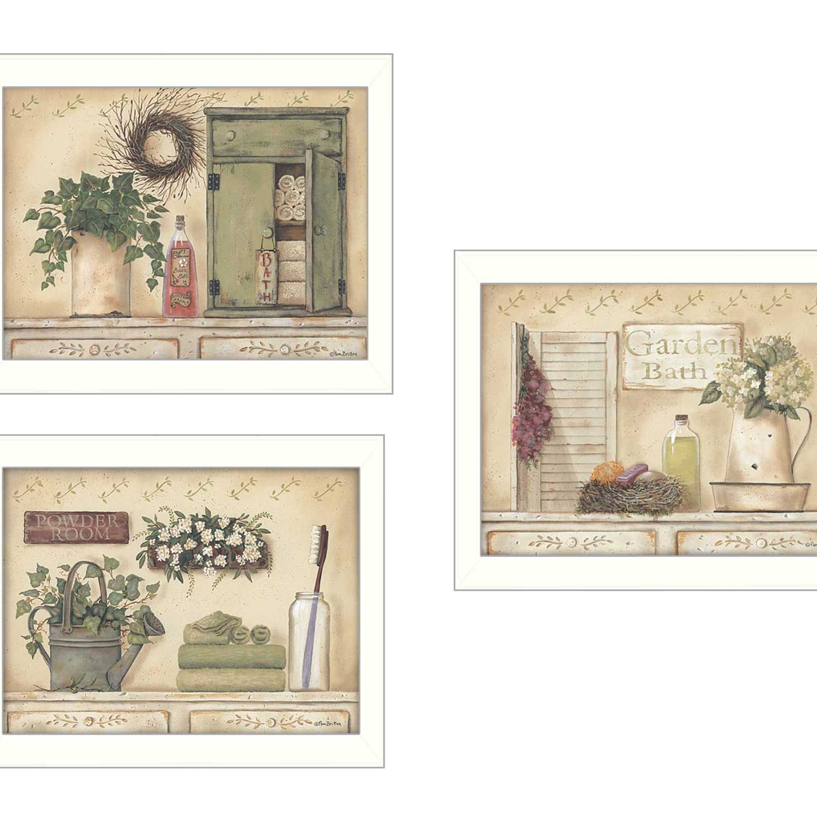 "Garden Bath Collection" 3-Piece Vignette By Pam Britton, Printed Wall Art, Ready To Hang Framed Poster, White Frame--1