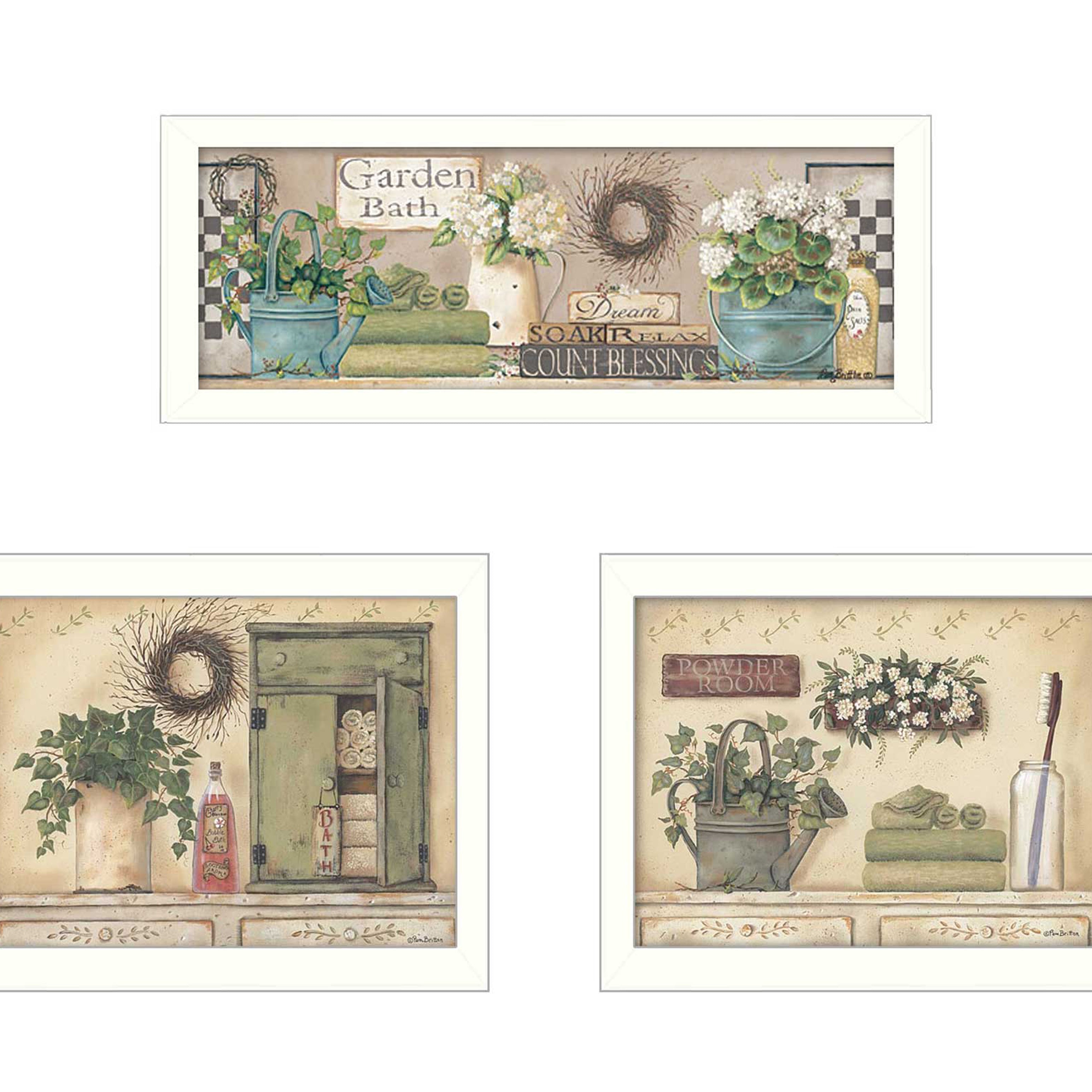 "Garden Bath Collection" 3-Piece Vignette By Pam Britton, Printed Wall Art, Ready To Hang Framed Poster, White Frame--1