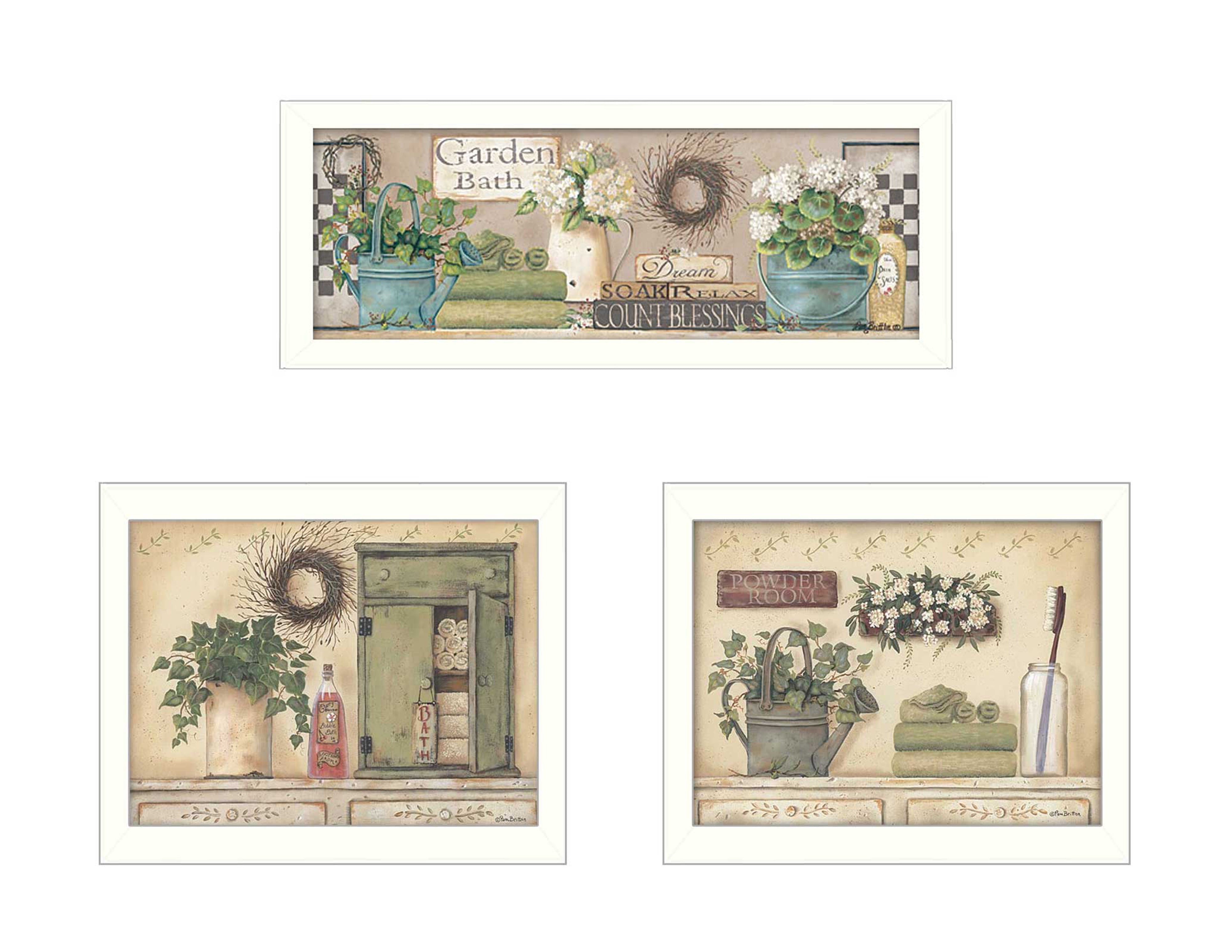 "Garden Bath Collection" 3-Piece Vignette By Pam Britton, Printed Wall Art, Ready To Hang Framed Poster, White Frame--1