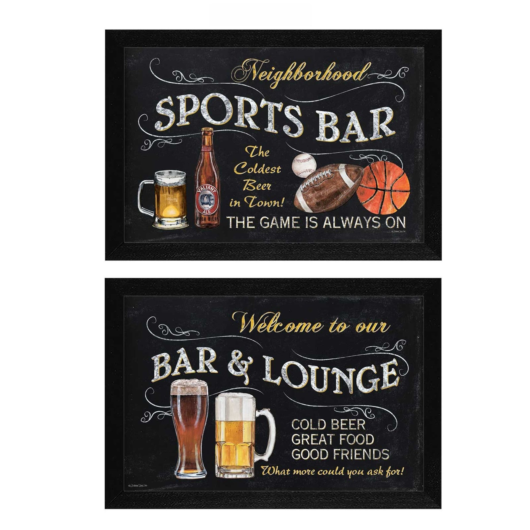 "Sports Bar Collection" 2-Piece Vignette By Debbie DeWitt, Printed Wall Art, Ready To Hang Framed Poster, Black Frame--1