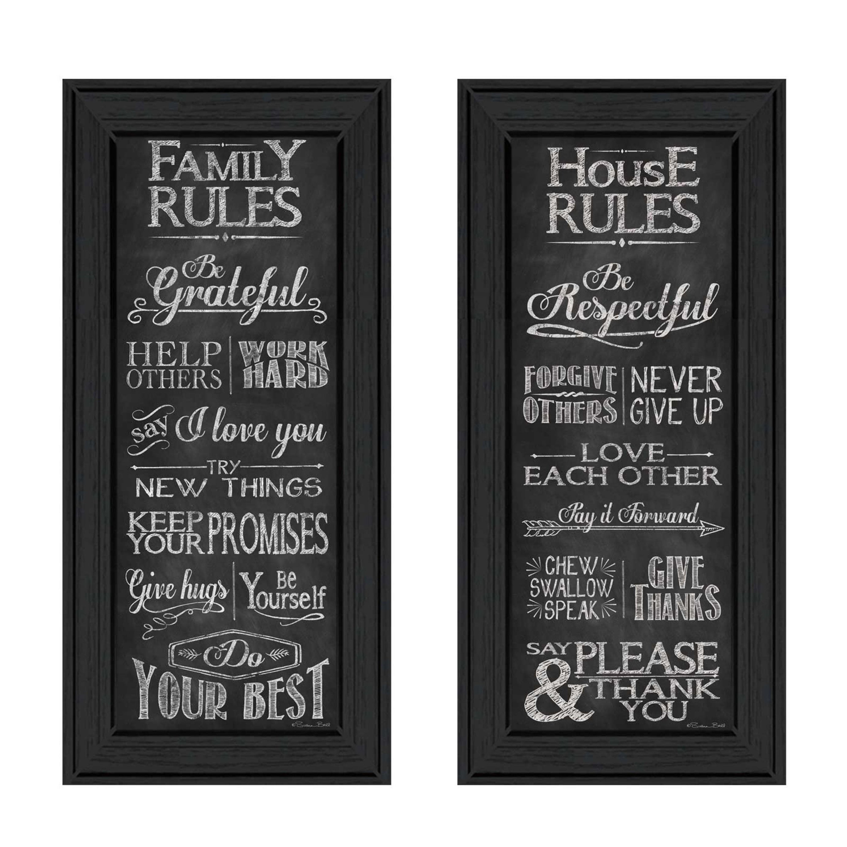 "Family and House Rules Collection" 2-Piece Vignette By Susan Ball, Printed Wall Art, Ready To Hang Framed Poster, Black Frame--1