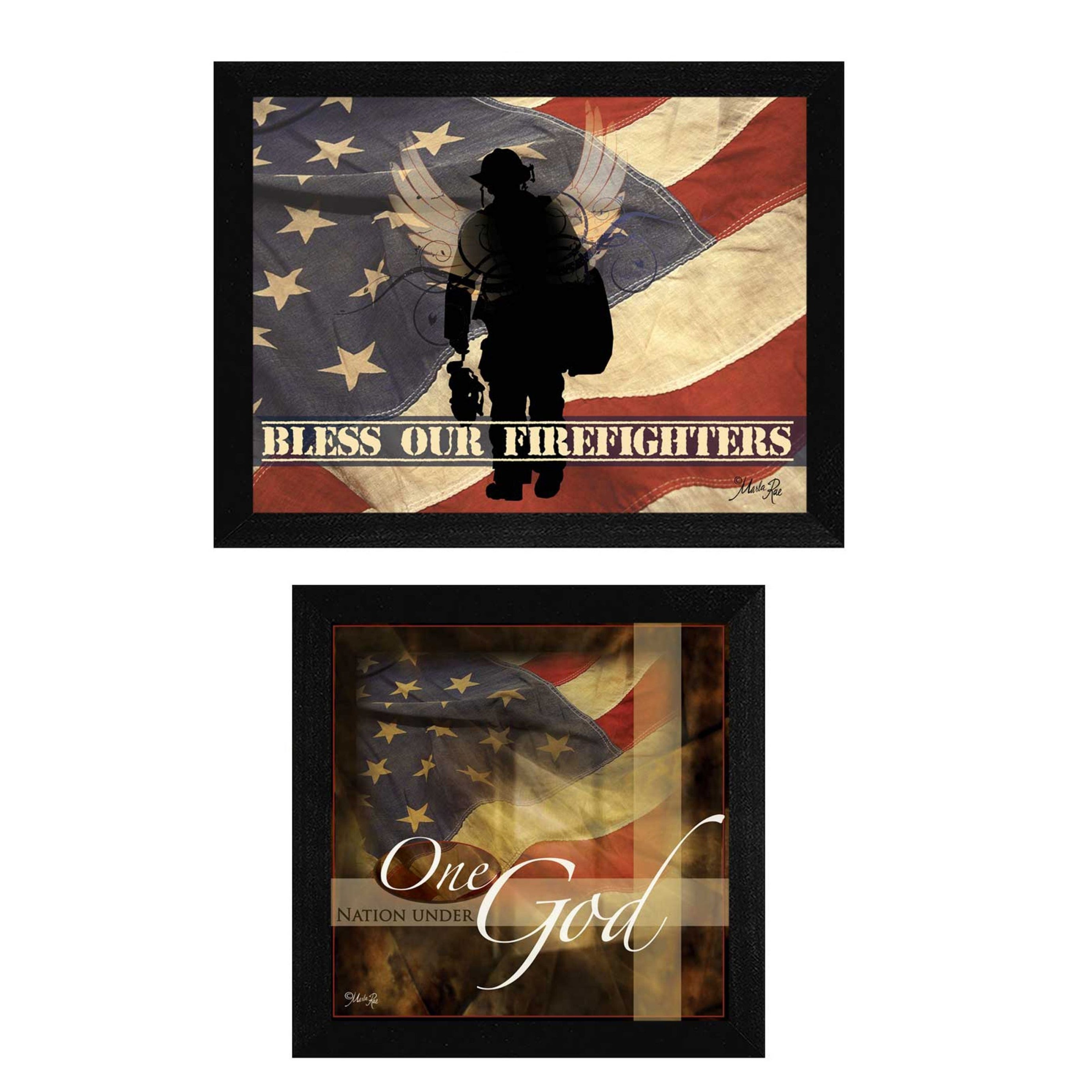 "Firefighters One Nation Collection" 2-Piece Vignette By Marla Rae, Printed Wall Art, Ready To Hang Framed Poster, Black Frame--1