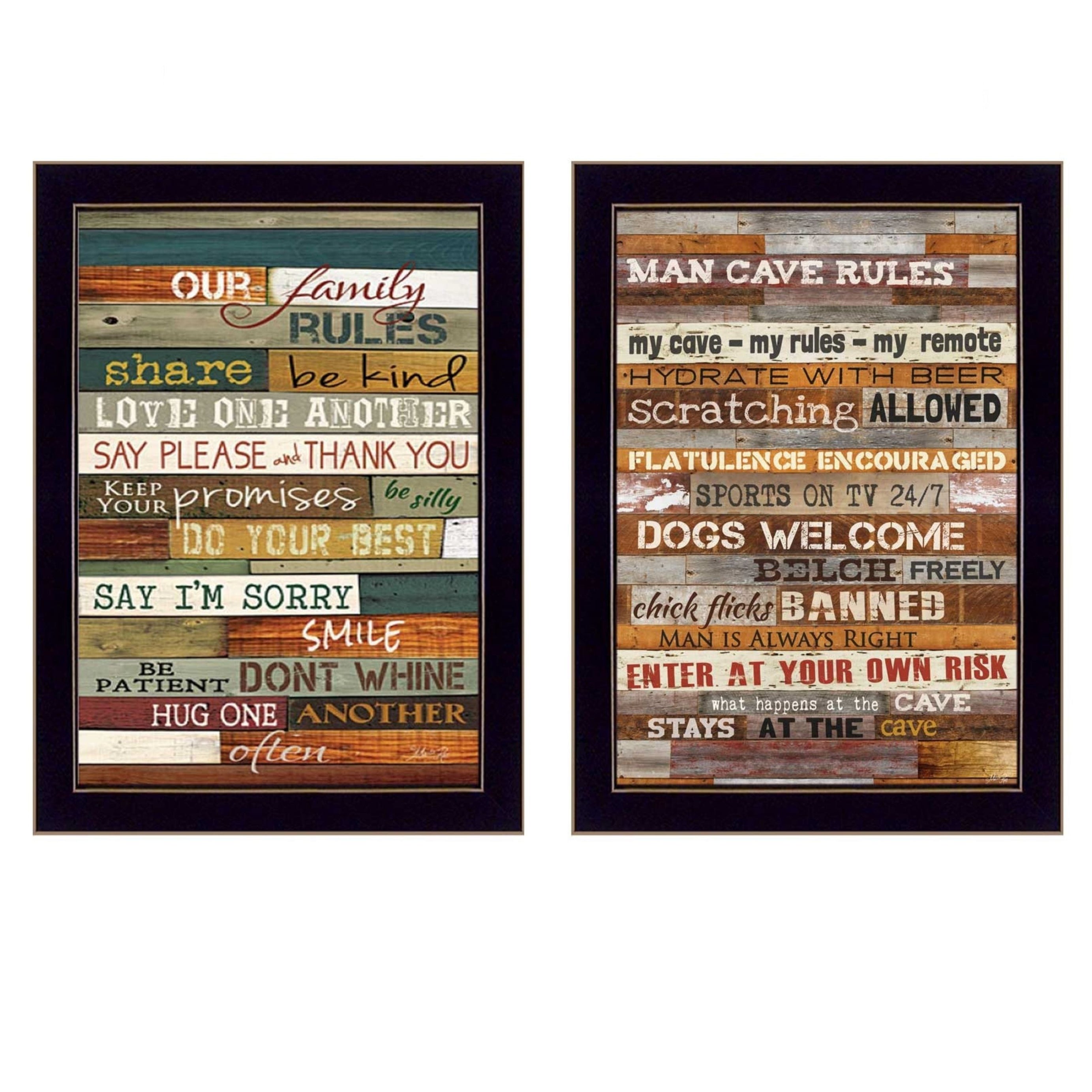 "Family and Man Cave Rules Collection" 2-Piece Vignette By Marla Rae, Printed Wall Art, Ready To Hang Framed Poster, Black Frame--1