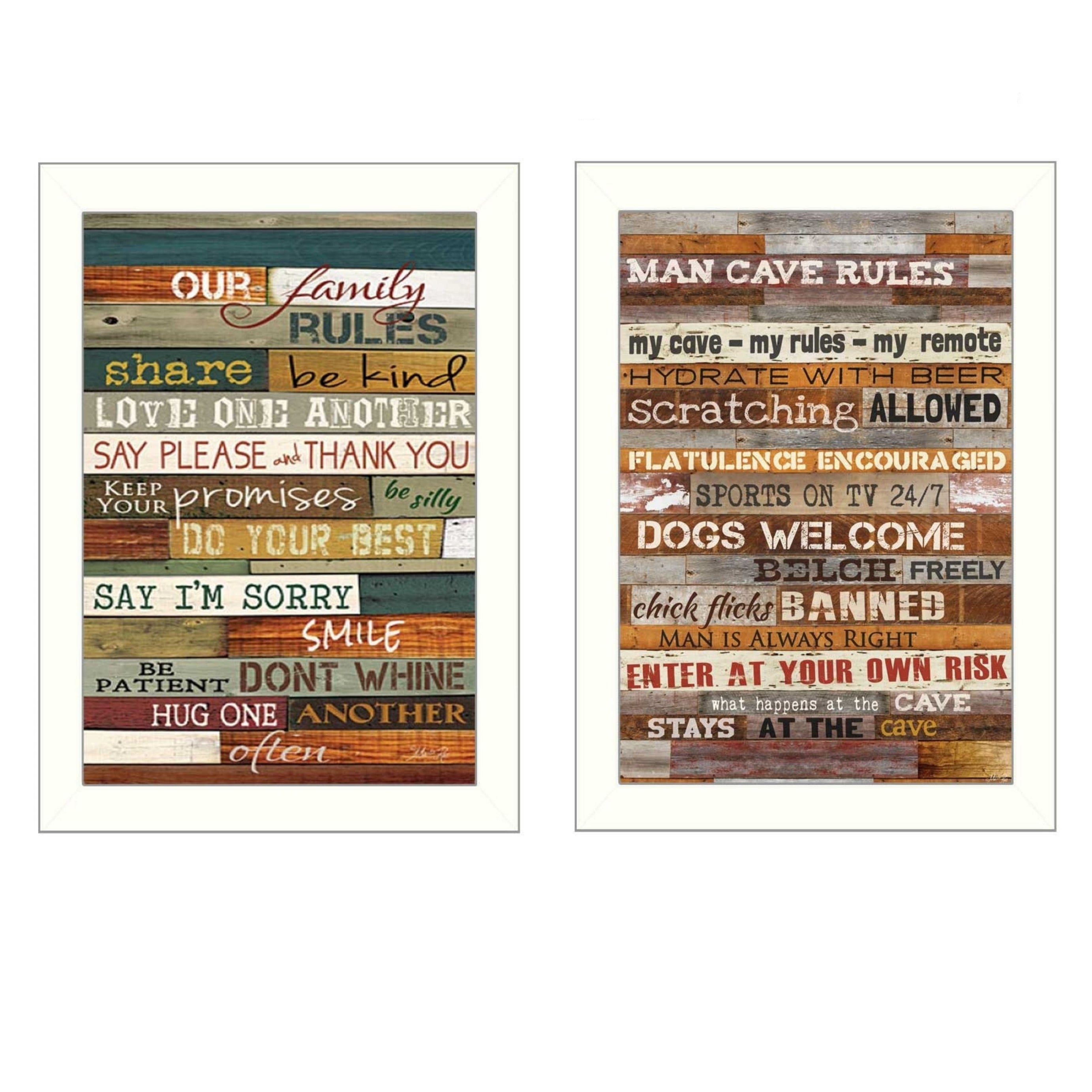 "Family and Man Cave Rules Collection" 2-Piece Vignette By Marla Rae, Printed Wall Art, Ready To Hang Framed Poster, White Frame--1