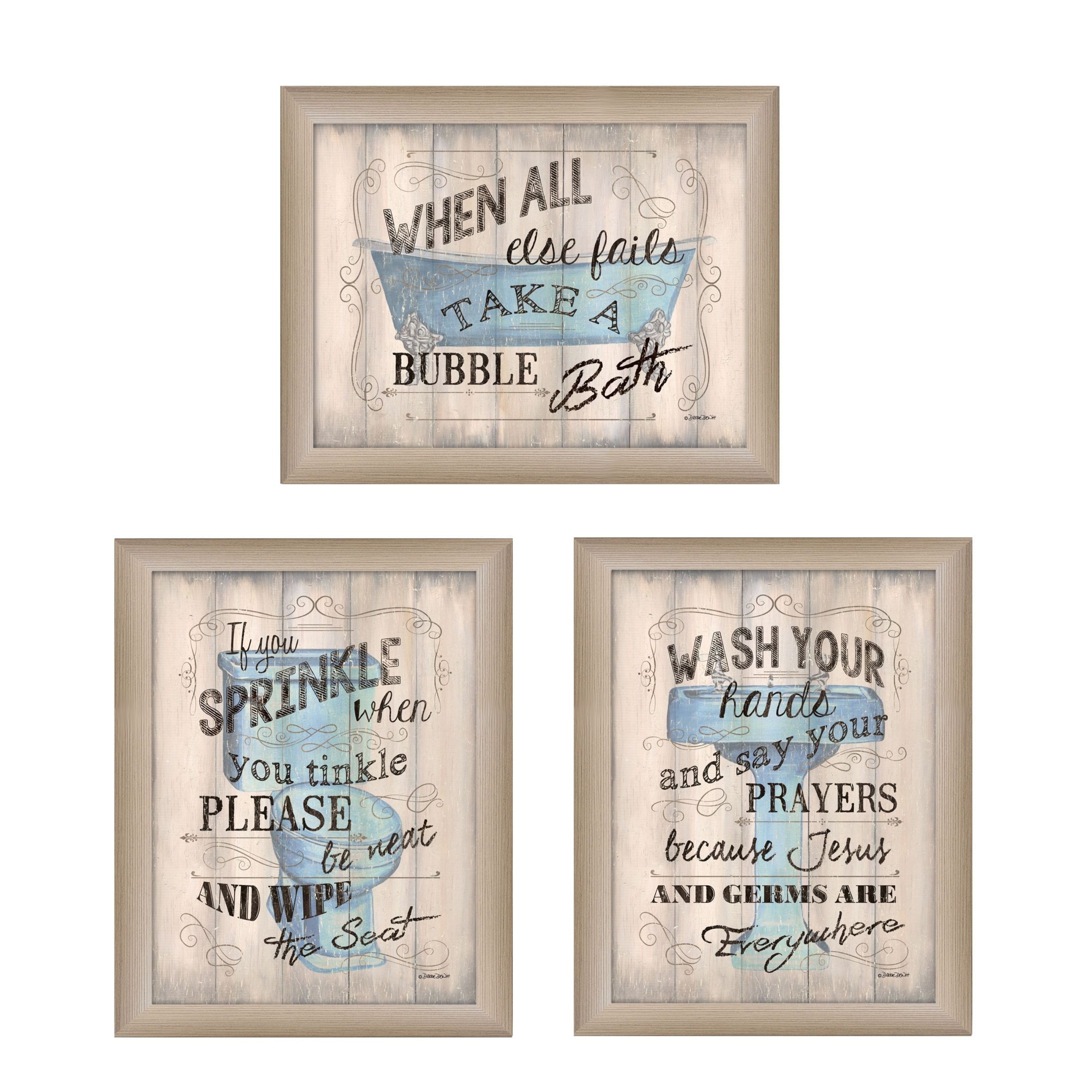 "Bathroom Humor Collection" 3-Piece Vignette By Debbie DeWitt, Printed Wall Art, Ready To Hang Framed Poster, Beige Frame--1