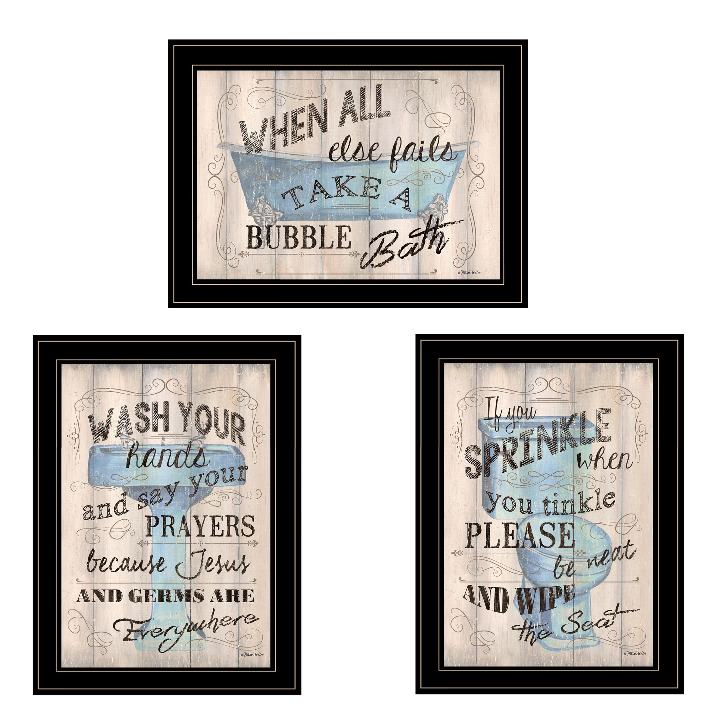 "Bathroom Humor" 3-Piece Vignette By Debbie DeWitt, Black Frame--1