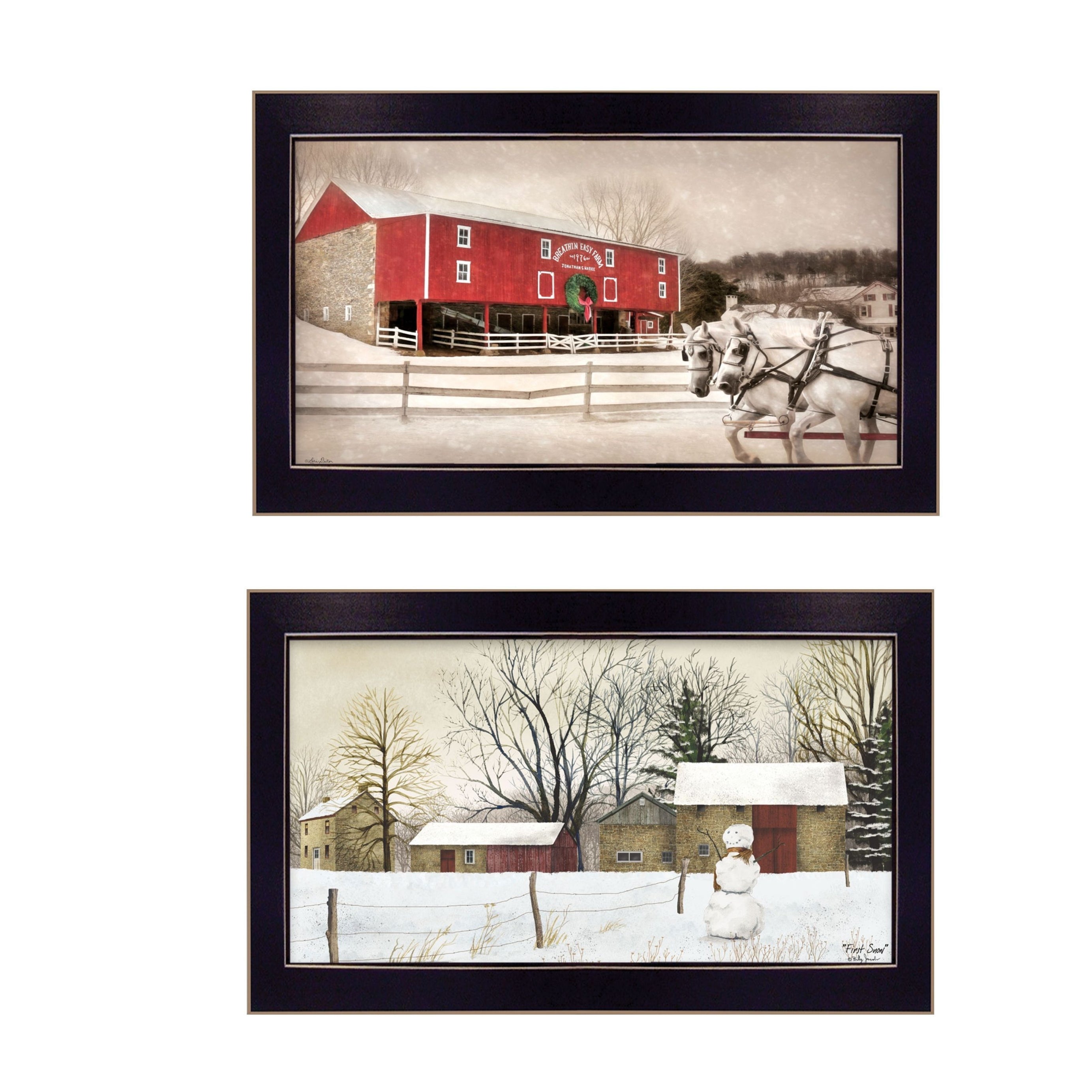 "Winter Scenic Barns Collection" 2-Piece Vignette By L. Deiter and B. Jacobs, Printed Wall Art, Ready To Hang Framed Poster, Black Frame--1