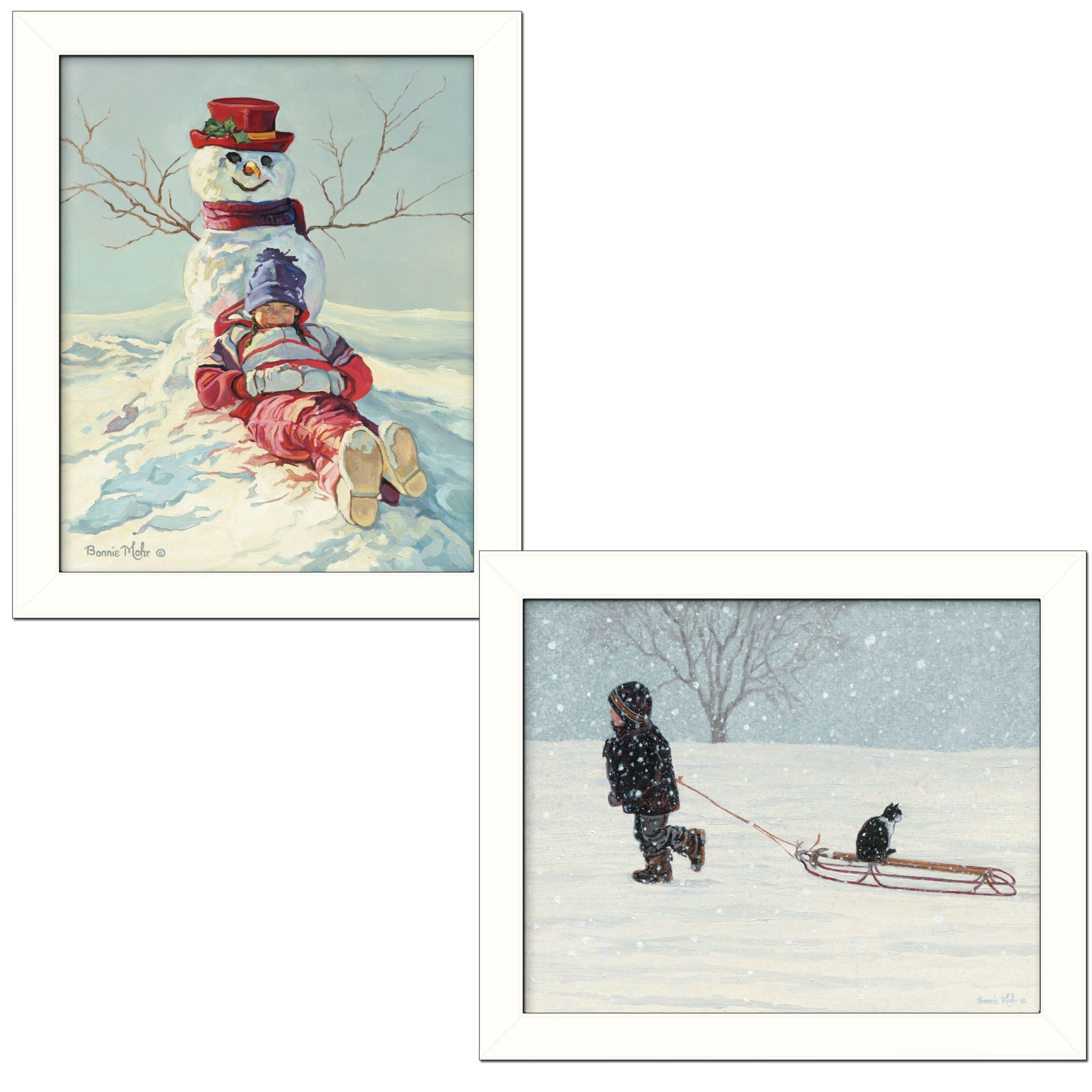 "Snow Memories Collection" 2-Piece Vignette By Bonnie Mohr, Printed Wall Art, Ready To Hang Framed Poster, White Frame--1