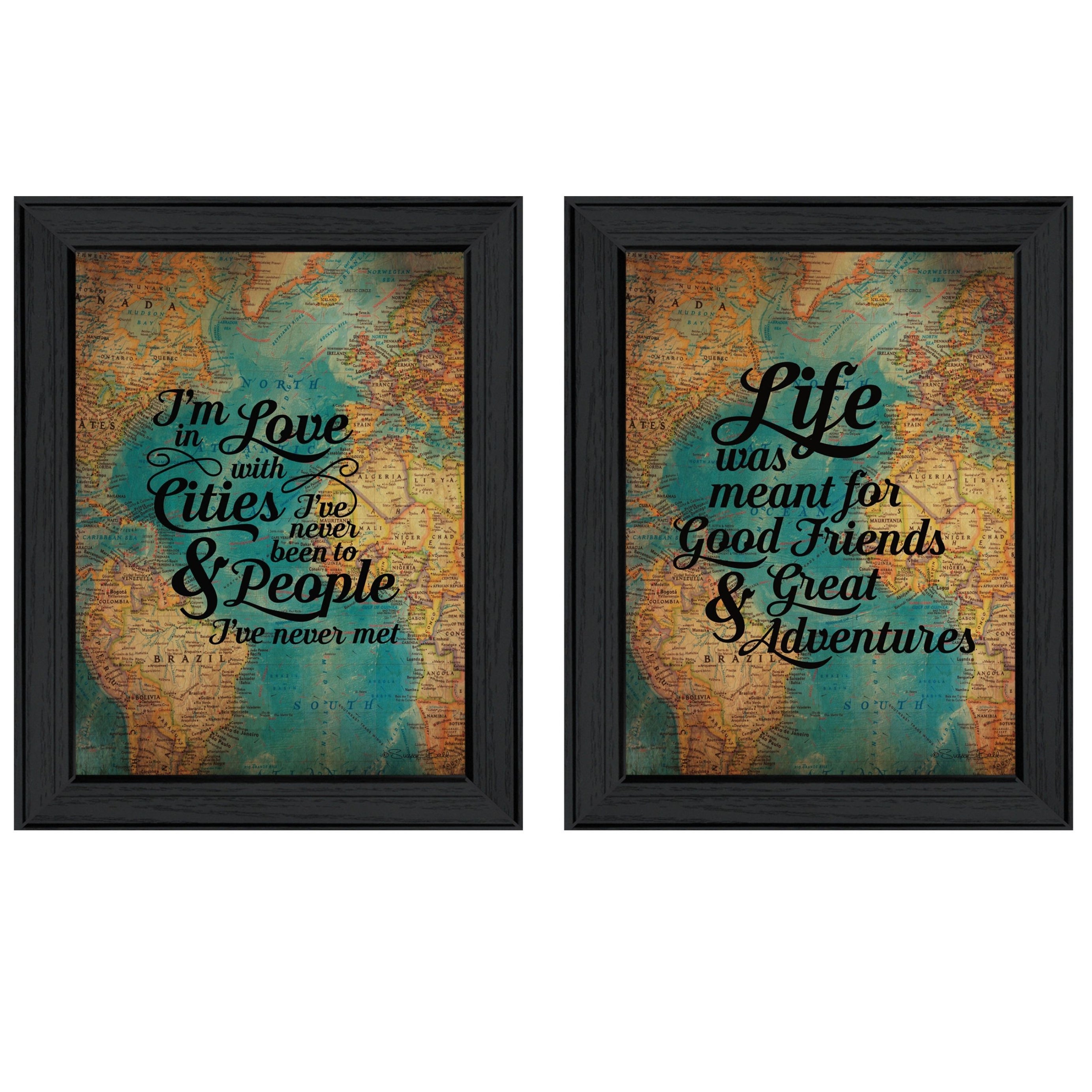 "World Traveler Collection" 2-Piece Vignette By Susan Ball, Printed Wall Art, Ready To Hang Framed Poster, Black Frame--1