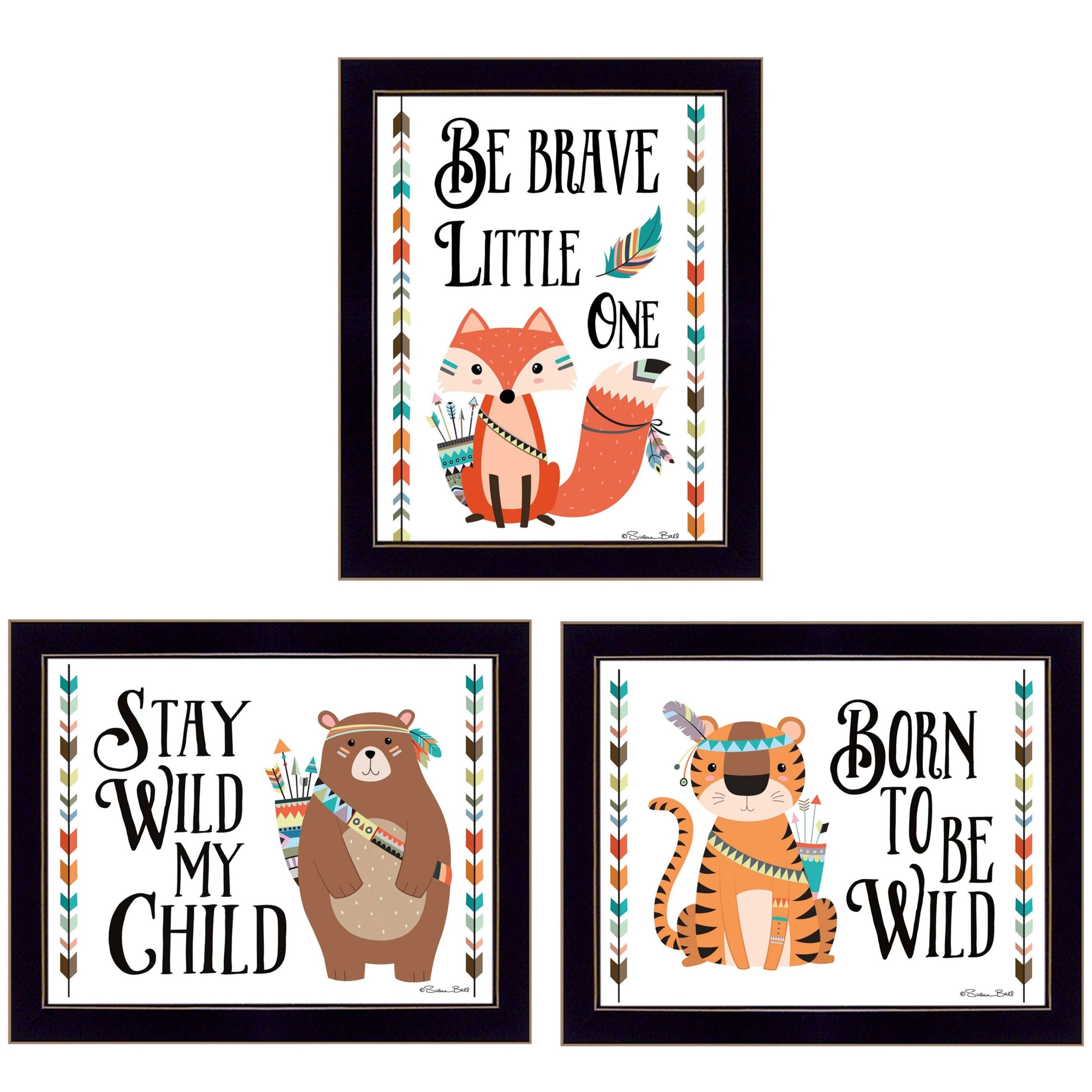 "Be Brave Little One Collection" 3-Piece Vignette By Susan Boyer, Printed Wall Art, Ready To Hang Framed Poster, Black Frame--1