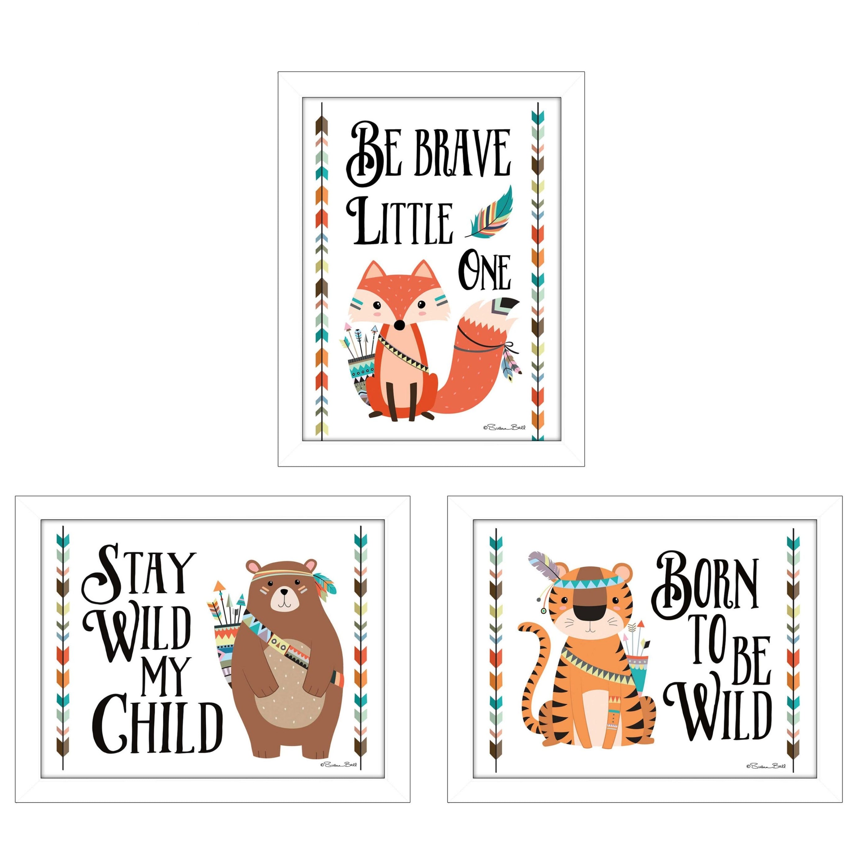 "Be Brave Little One Collection" 3-Piece Vignette By Susan Boyer, Printed Wall Art, Ready To Hang Framed Poster, White Frame--1