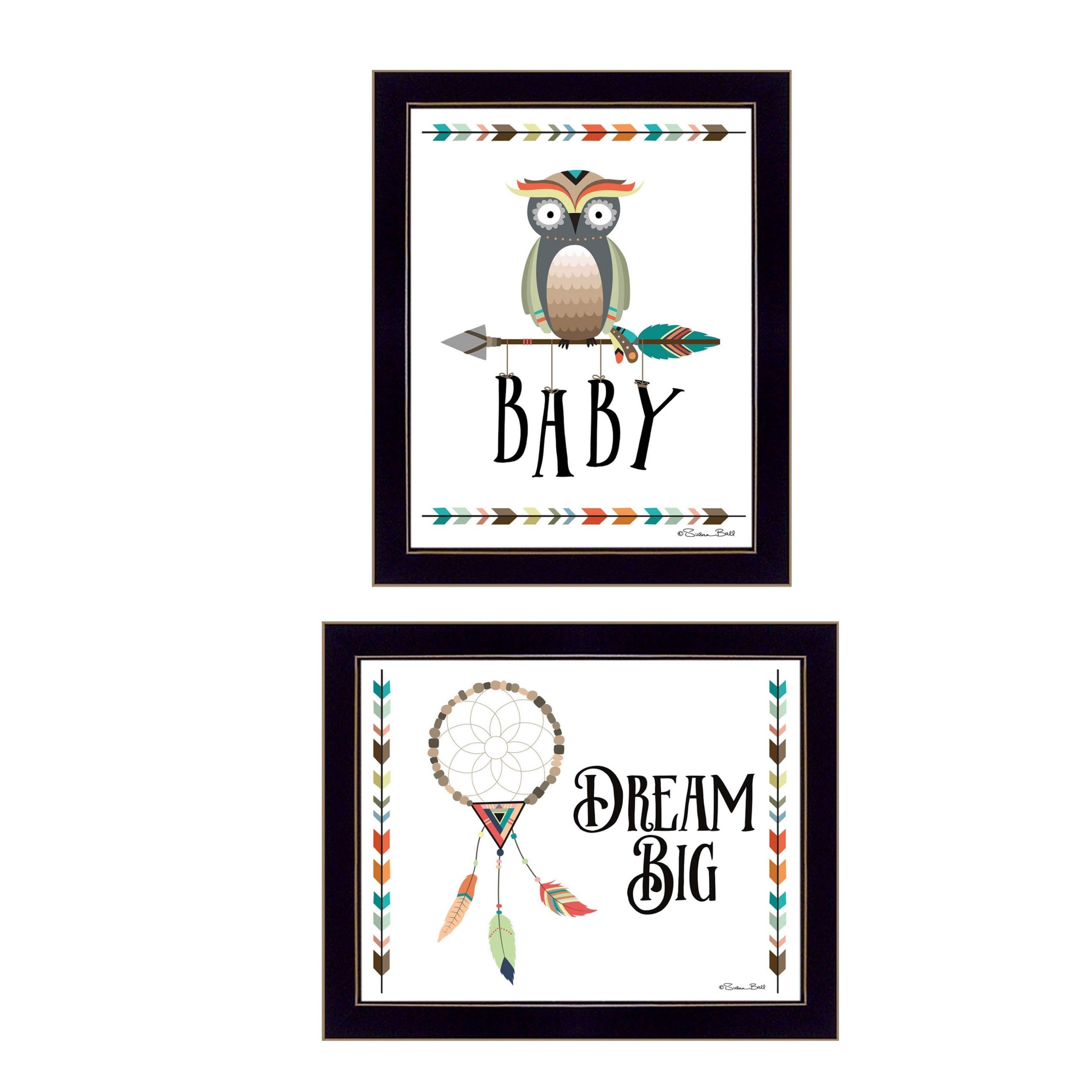 "Baby Owl/Dream Big Collection" 3-Piece Vignette By Susan Boyer, Printed Wall Art, Ready To Hang Framed Poster, Black Frame--1