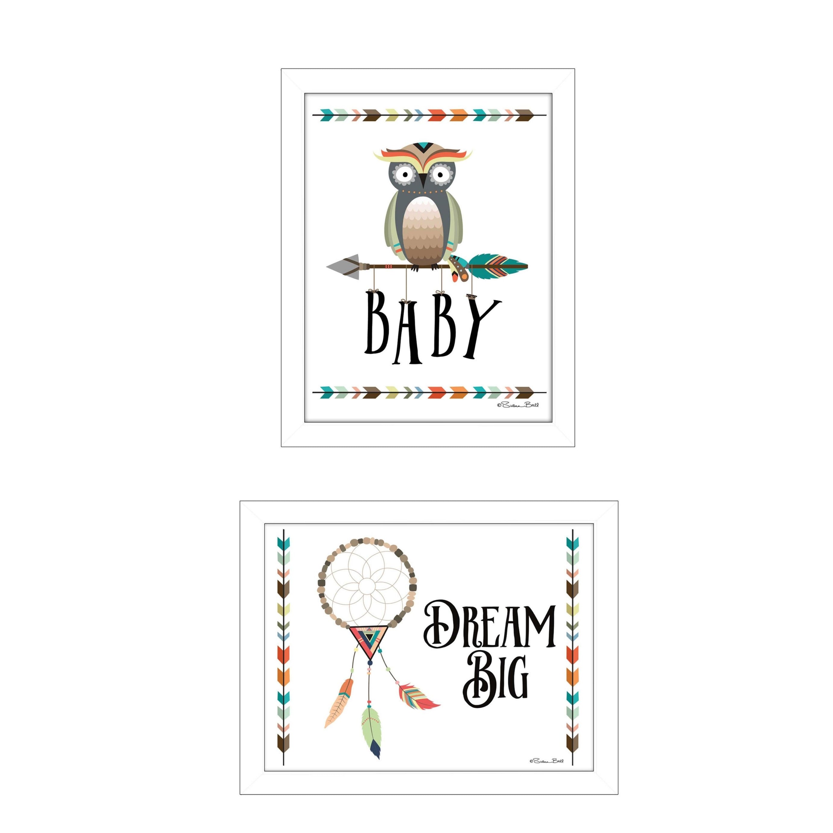 "Baby Owl/Dream Big Collection" 3-Piece Vignette By Susan Boyer, Printed Wall Art, Ready To Hang Framed Poster, White Frame--1