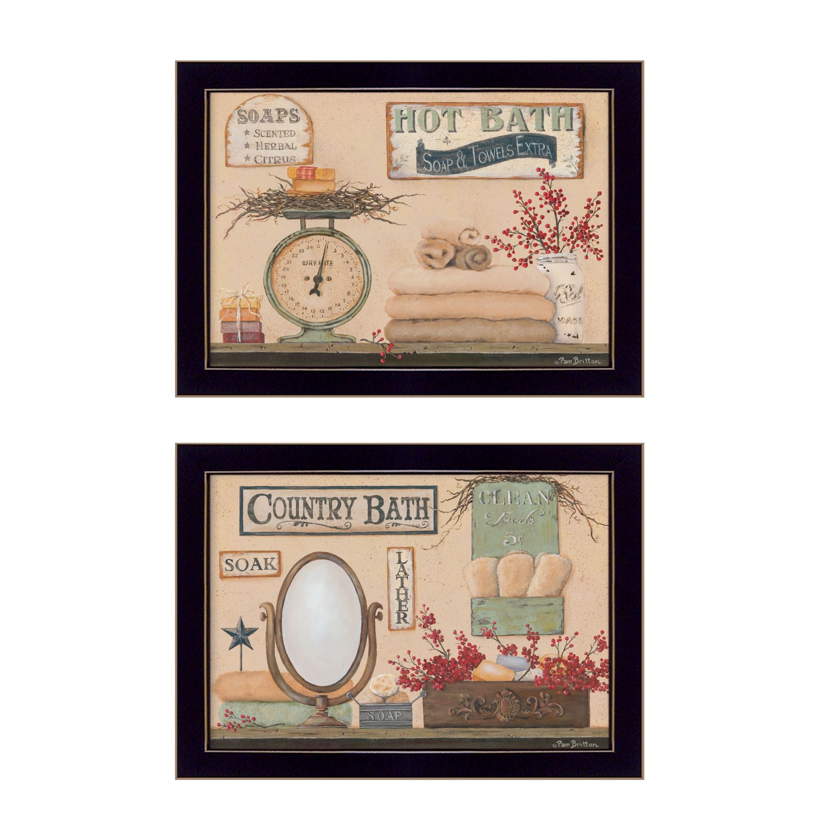 "Country Bath III Collection" 2-Piece Vignette By Pam Britton, Printed Wall Art, Ready To Hang Framed Poster, Black Frame--1