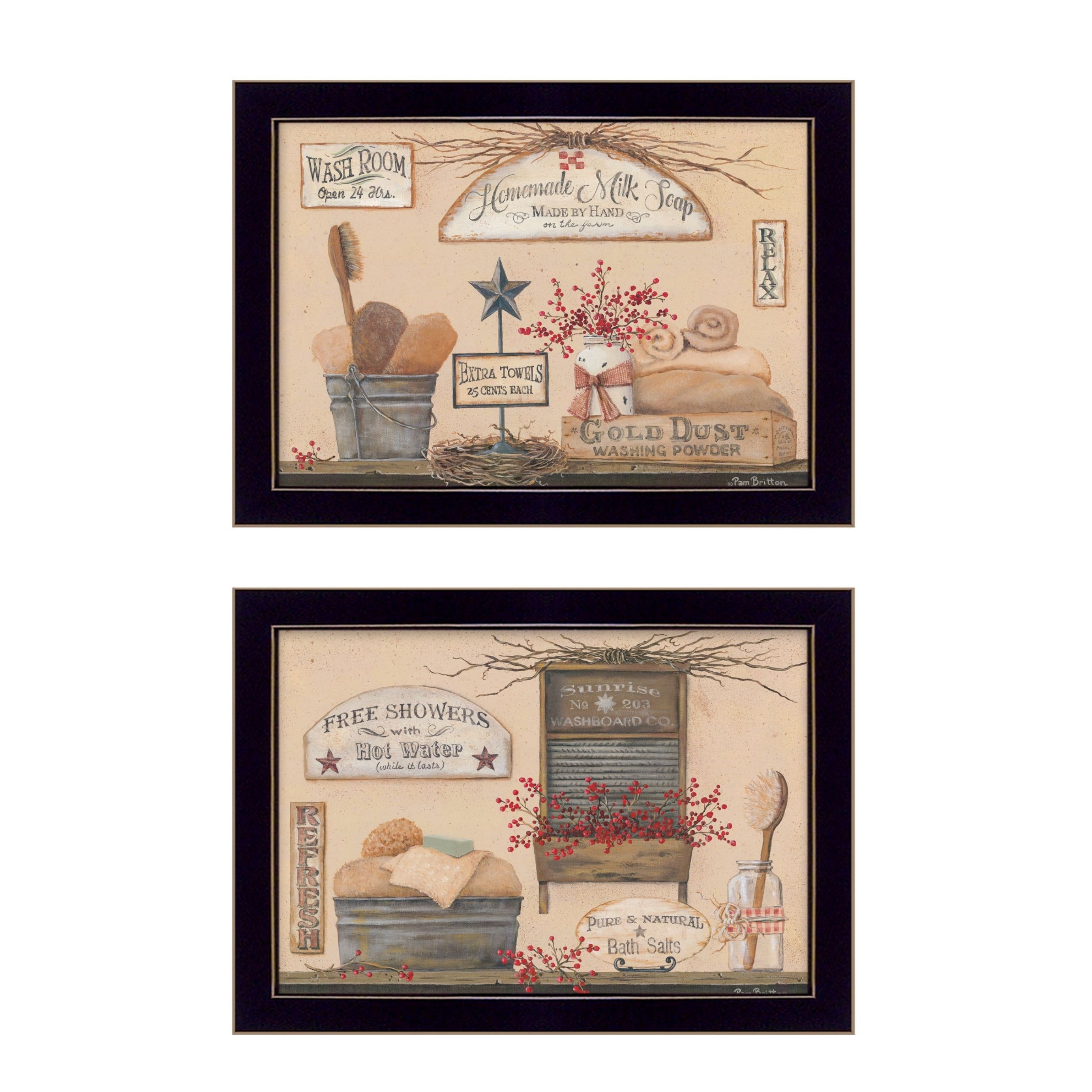 "Wash Room Collection" 2-Piece Vignette By Pam Britton, Printed Wall Art, Ready To Hang Framed Poster, Black Frame--1