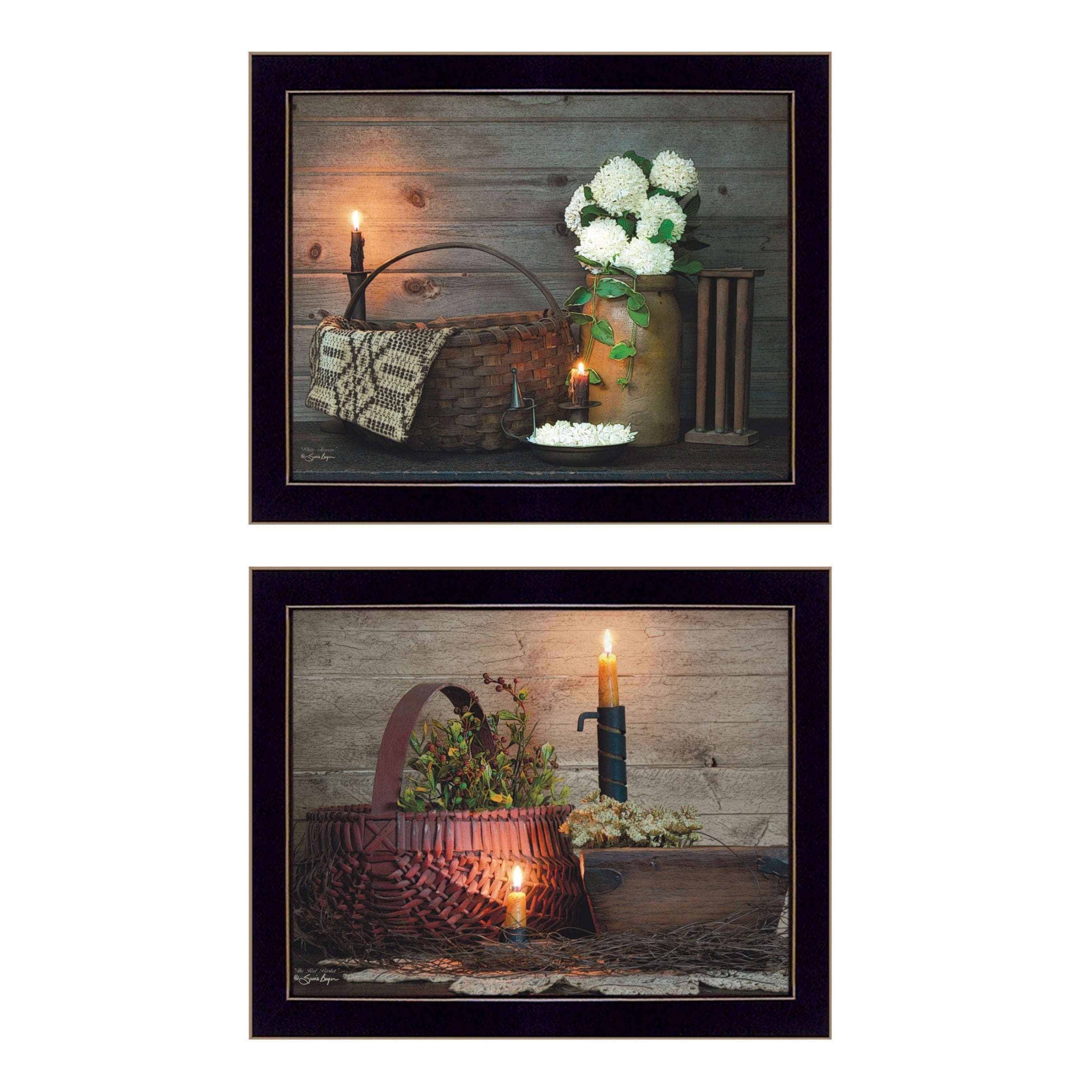 "Baskets and Flowers Collection" 2-Piece Vignette By Susan Boyer, Printed Wall Art, Ready To Hang Framed Poster, Black Frame--1