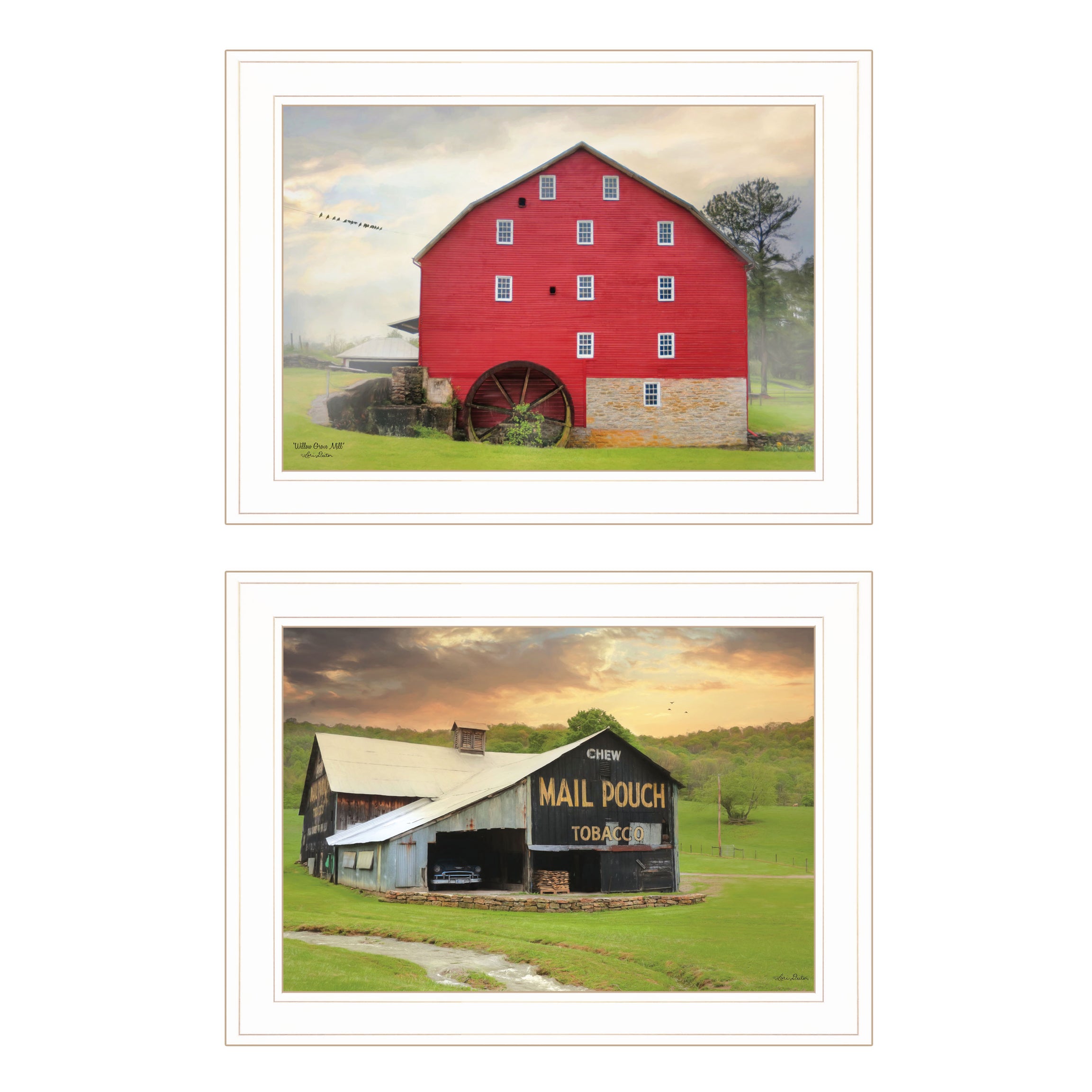 "Mail Pouch Barn and Mill Collection" 2-Piece Vignette By Lori Deiter, Ready to Hang Framed Print, White Frame--1