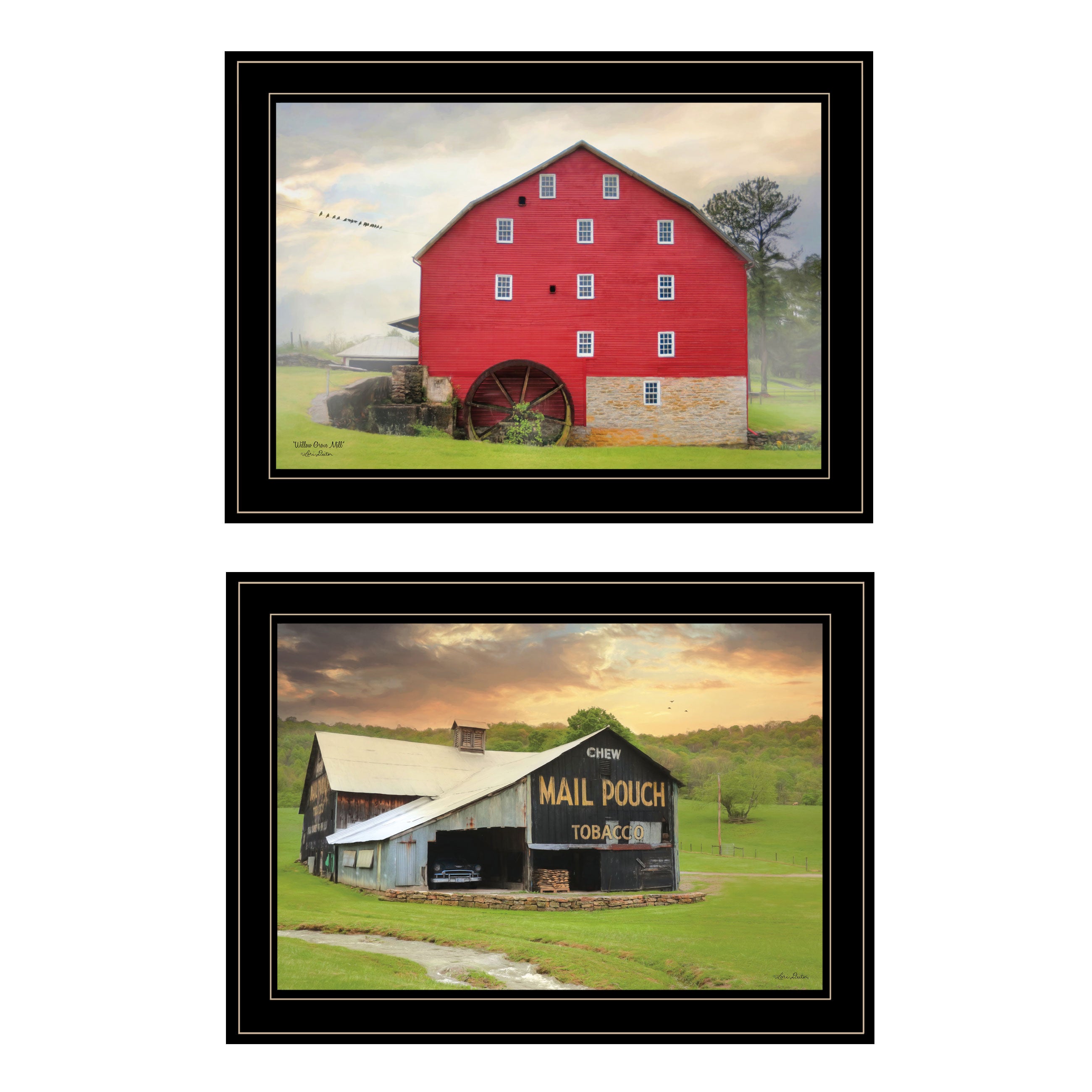 "Mail Pouch Barn and Mill Collection" 2-Piece Vignette By Lori Deiter, Ready to Hang Framed Print, Black Frame--1