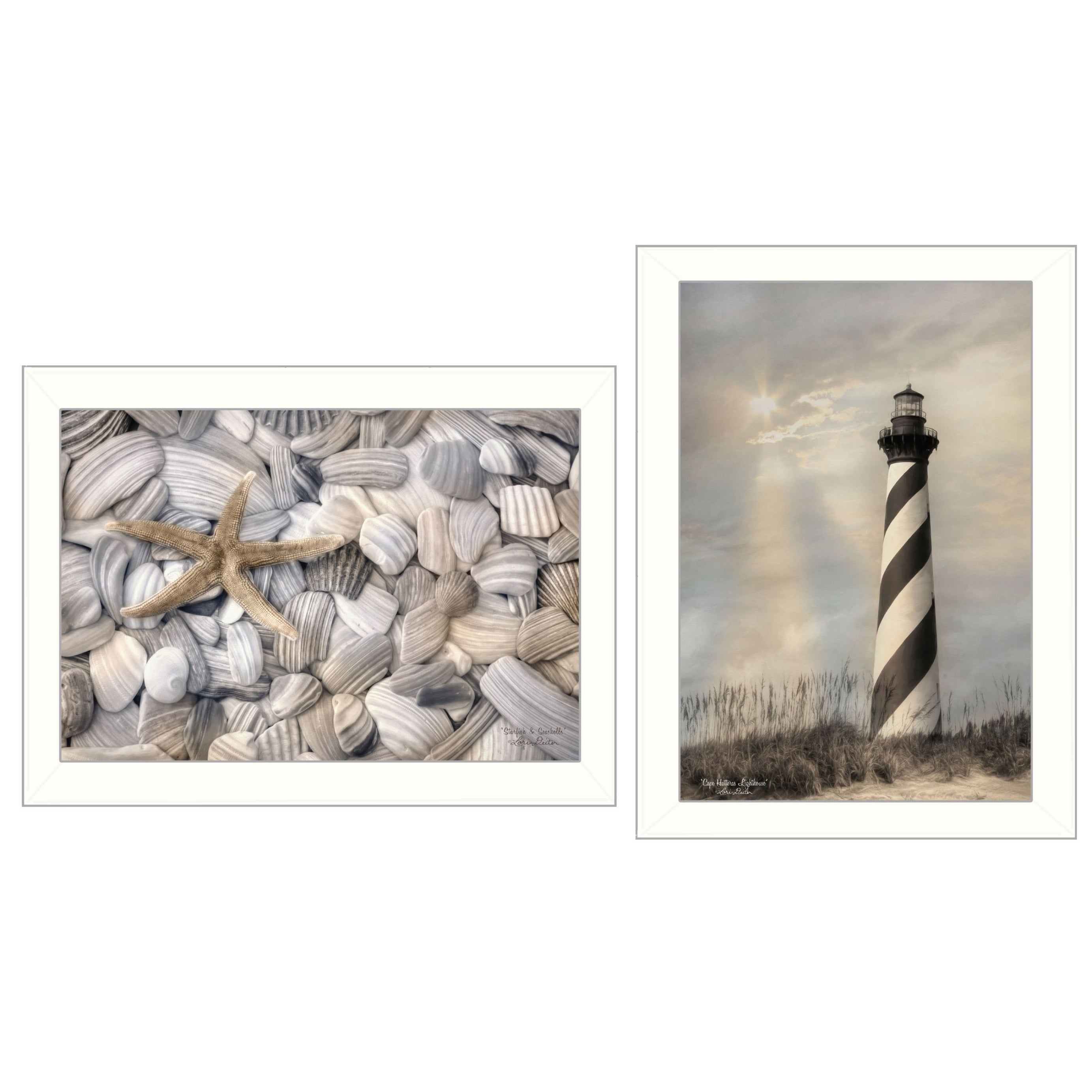 "Cape Hatteras Lighthouse and Sea Shells Collection" 2-Piece Vignette By Lori Deiter, Printed Wall Art, Ready To Hang Framed Poster, White Frame--1