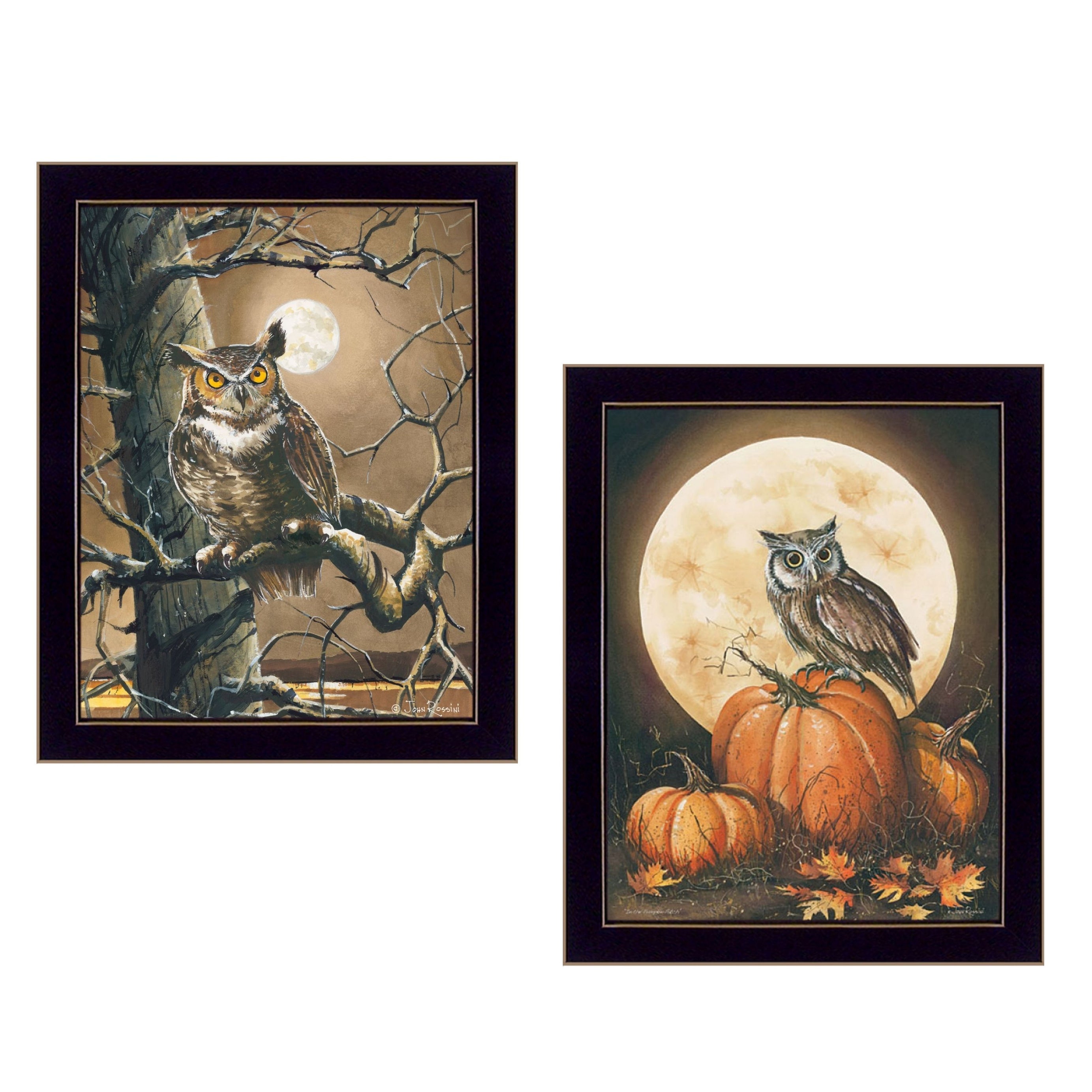 "Autumn Owls Collection" 2-Piece Vignette By John Rossini, Printed Wall Art, Ready To Hang Framed Poster, Black Frame--1