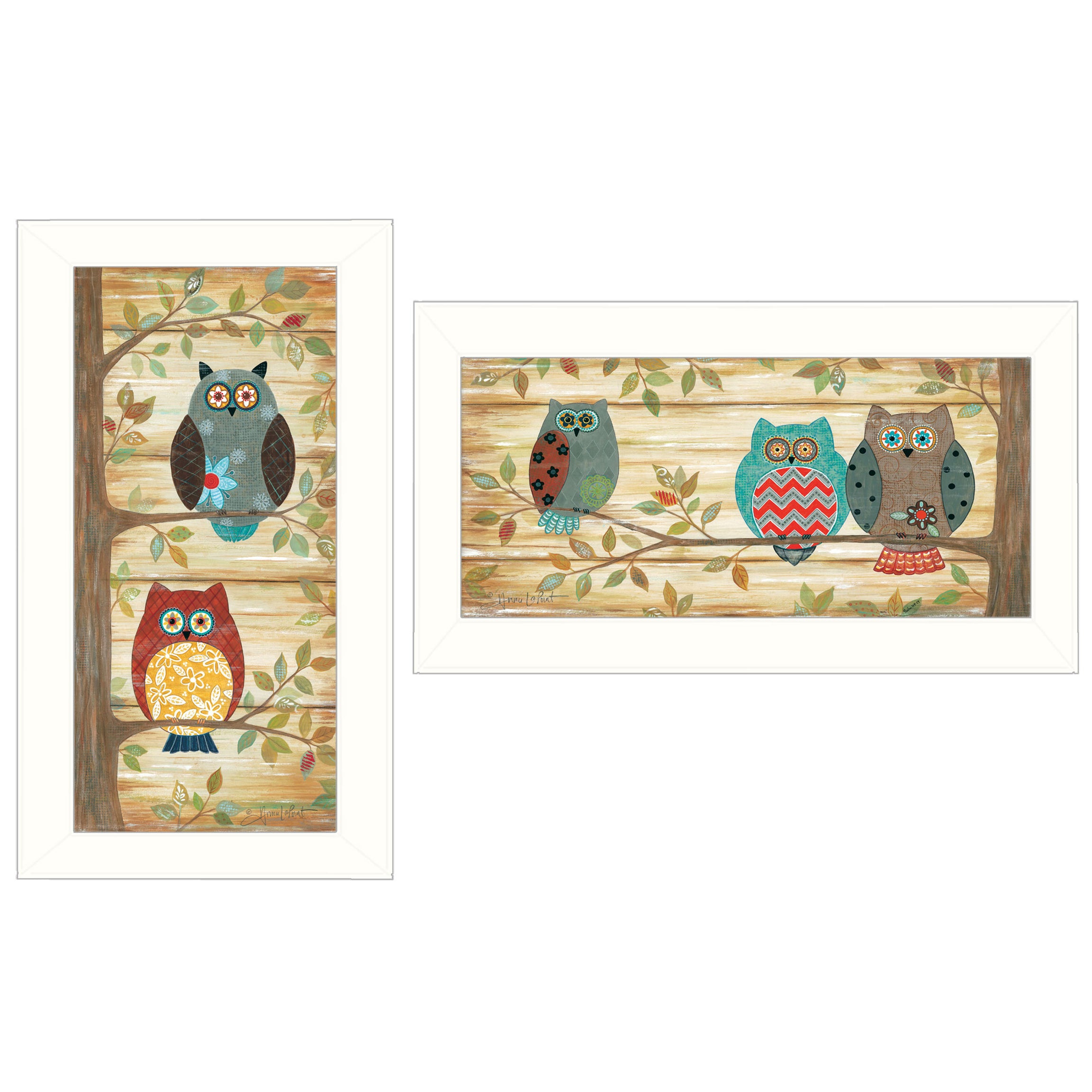 "Whimsical Owls" 2-Piece Vignette by Annie LaPoint, White Frame--1