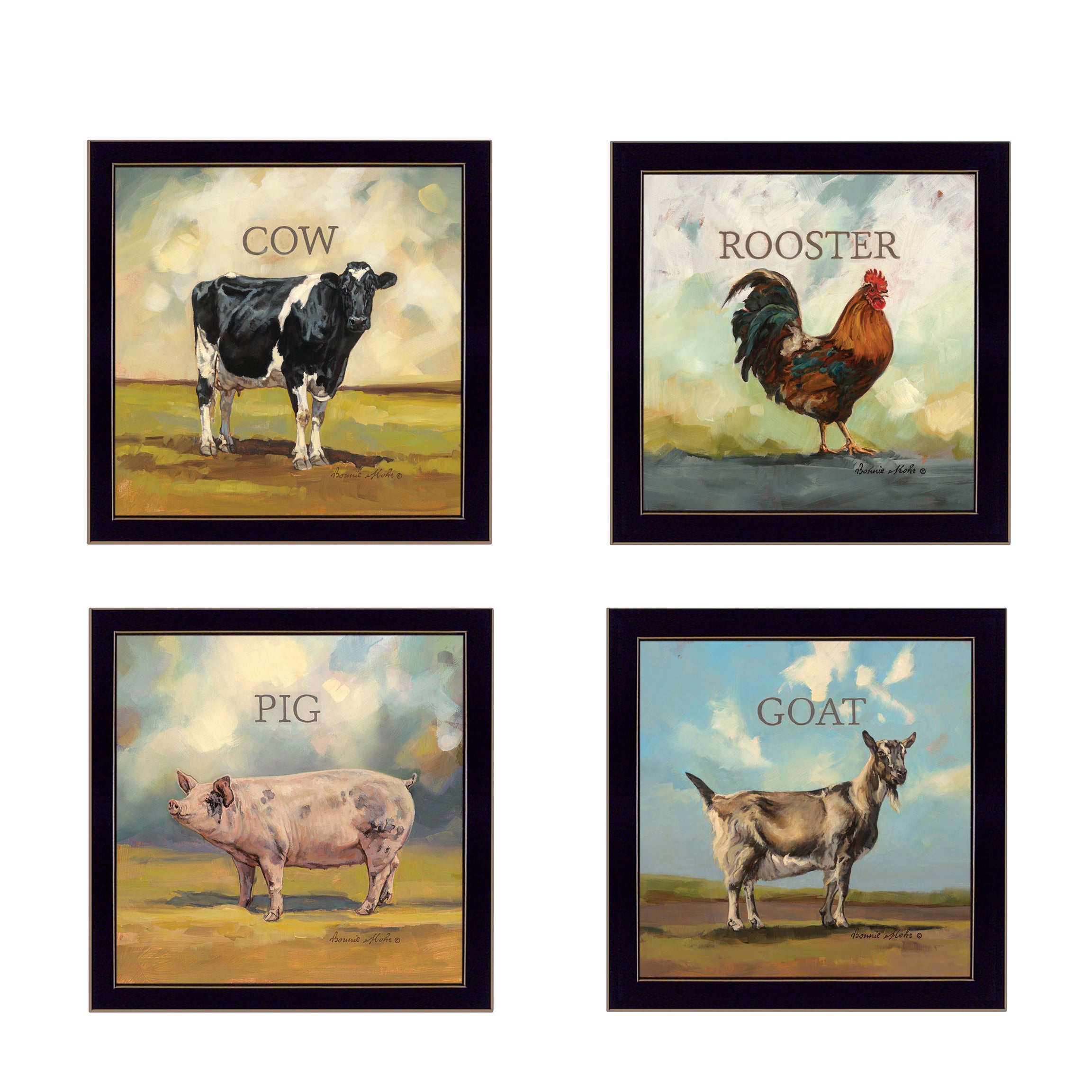 "Farm Animals" 4-Piece Vignette by Bonnie Mohr, Black Frame--1