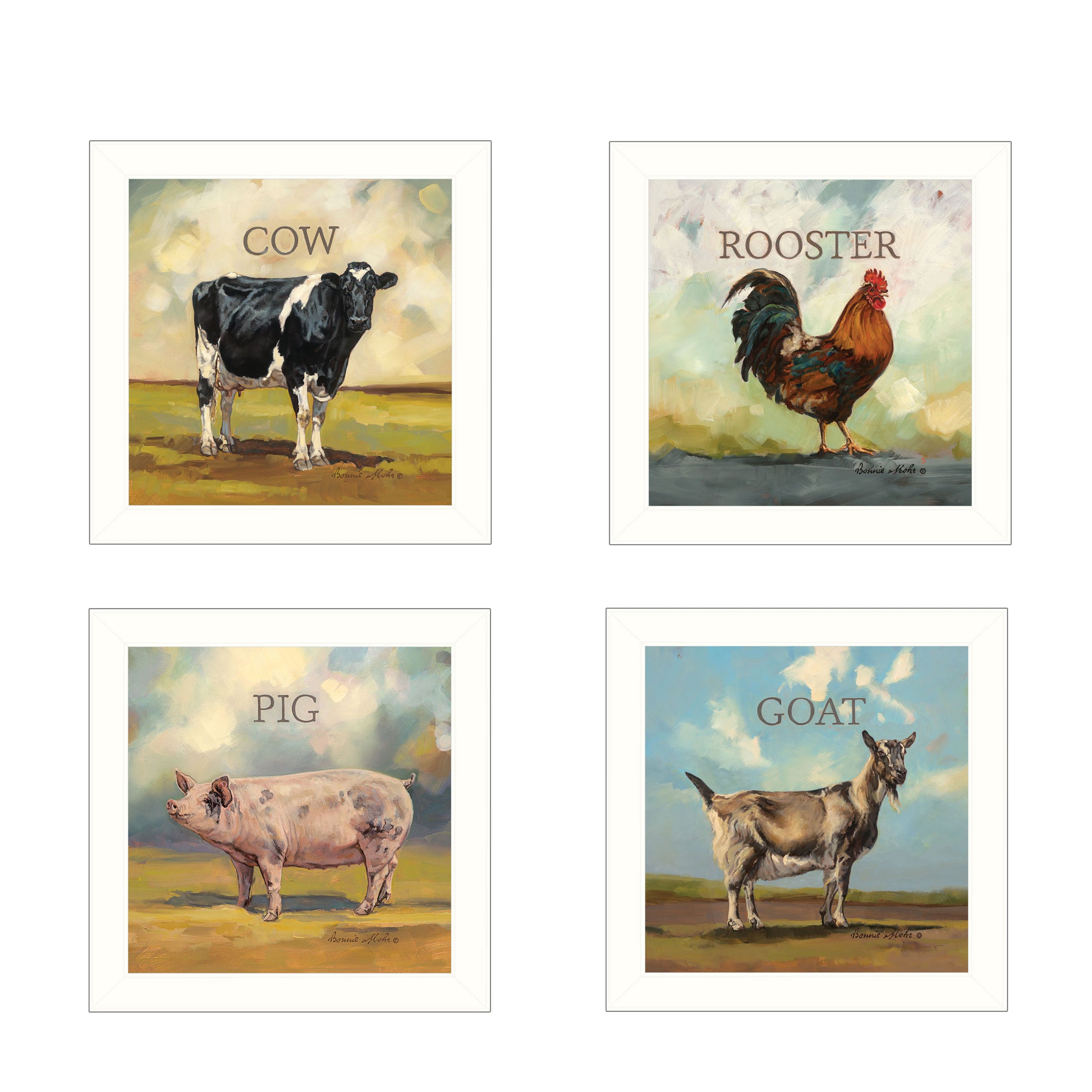 "Farm Animals" 4-Piece Vignette by Bonnie Mohr, White Frame--1