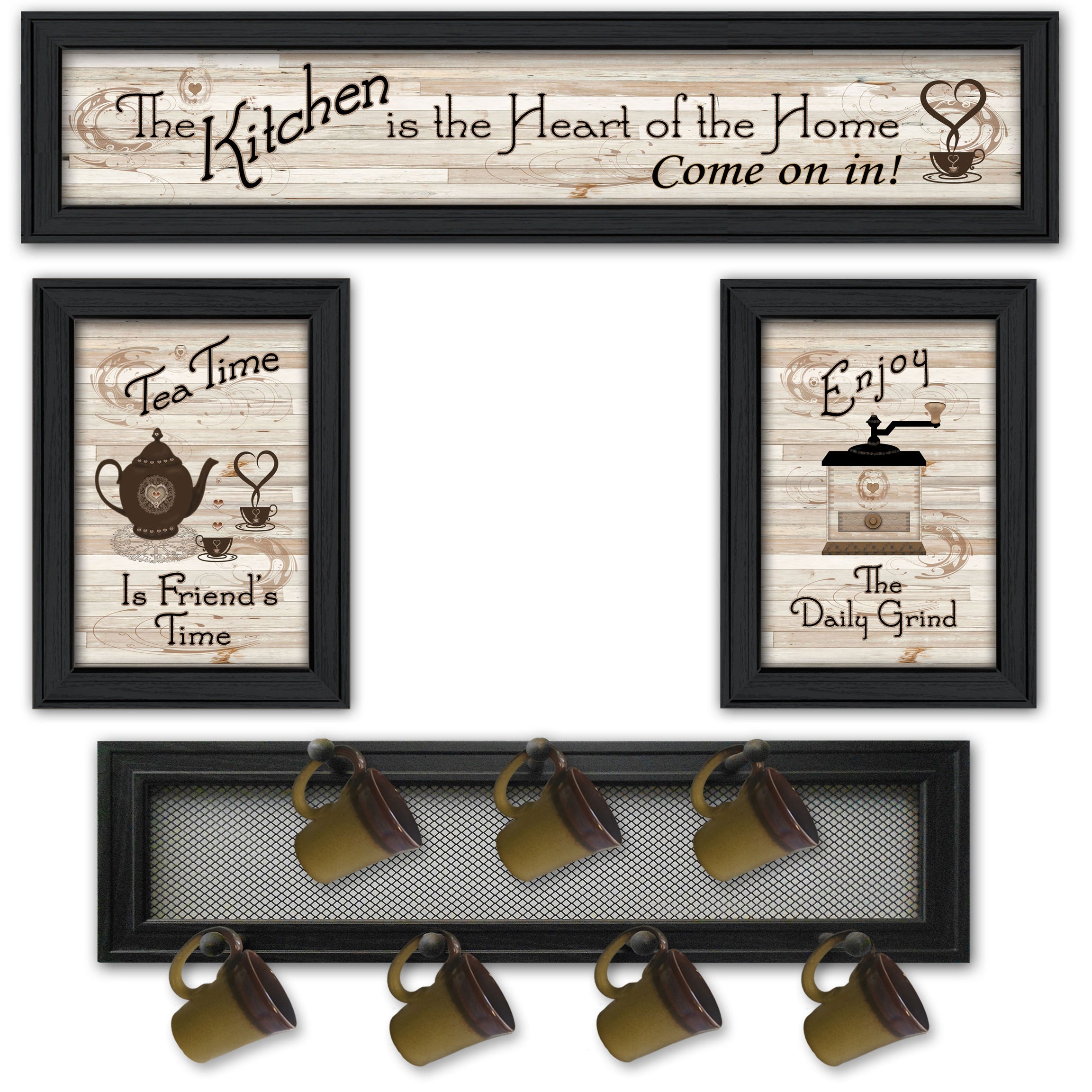 "Kitchen Collection IV" 4-Piece Vignette with 7-Peg Mug Rack by Millwork Engineering, Black Frame--1