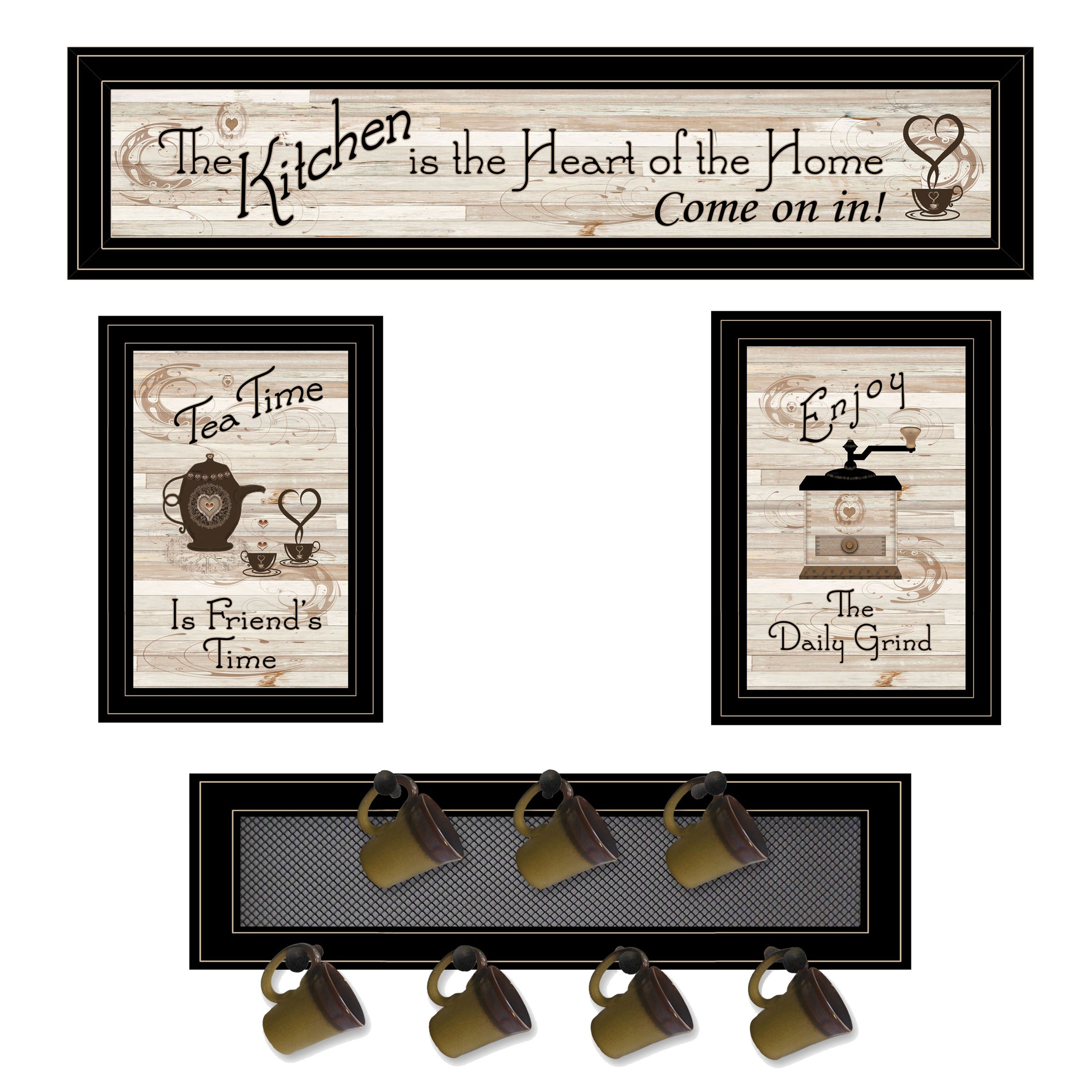 "Kitchen Collection IV" 4-Piece Vignette with 1-(7Pegs) Mug Rack, Black Frame--1