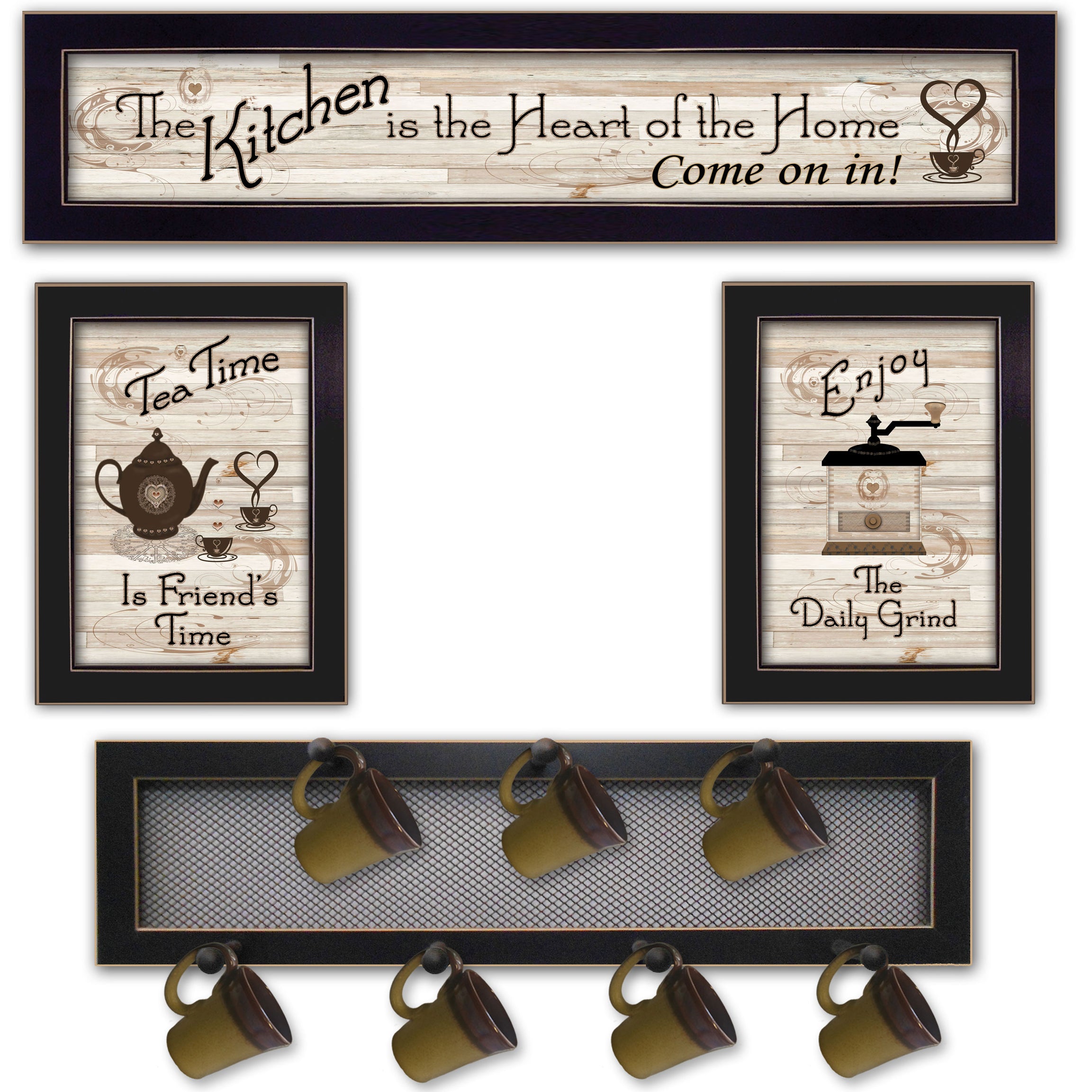 "Kitchen Collection IV" 4-Piece Vignette with 7-Peg Mug Rack by Millwork Engineering, Black Frame--1