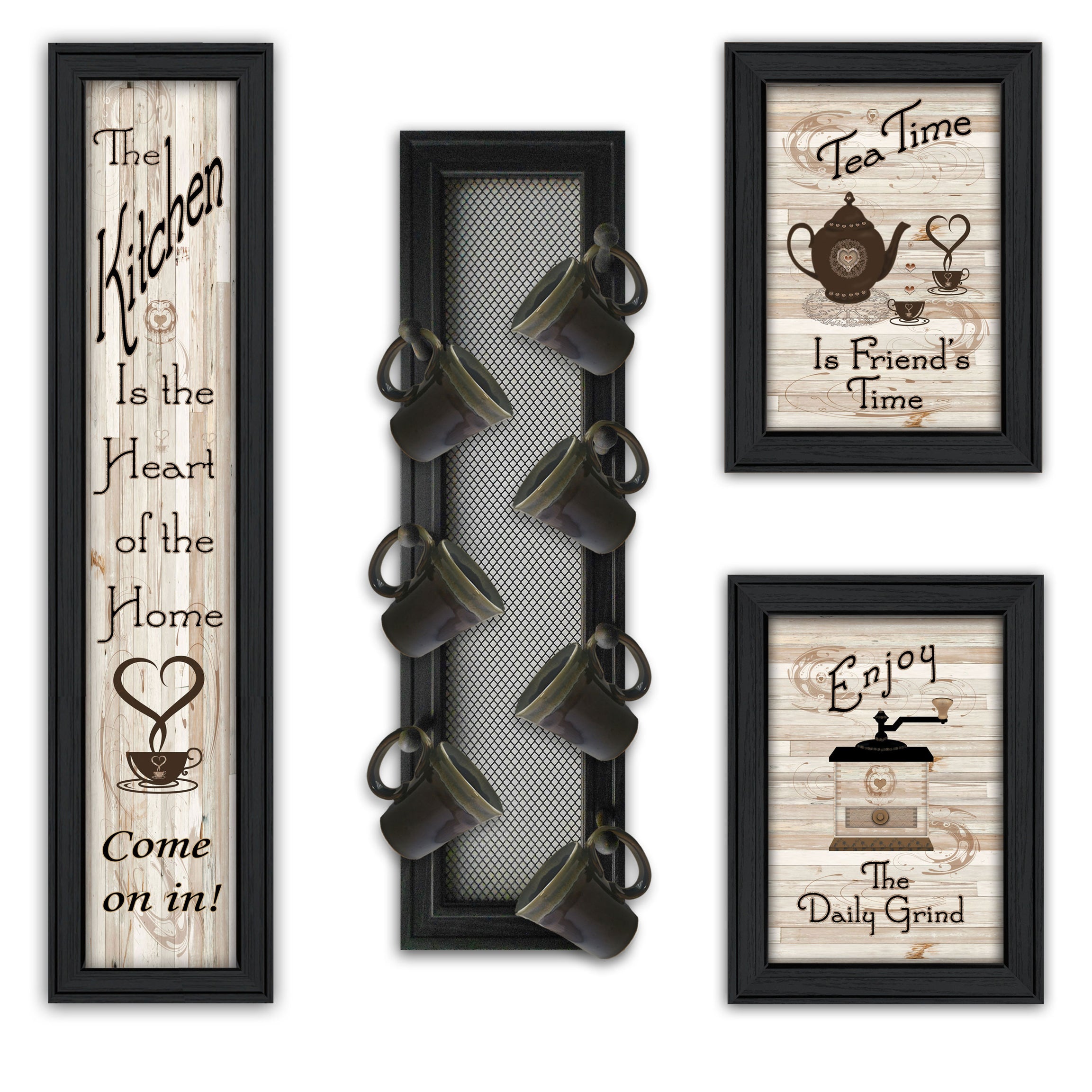 "Kitchen Collection V" 4-Piece Vignette with 7-Peg Mug Rack by Millwork Engineering, Black Frame--1