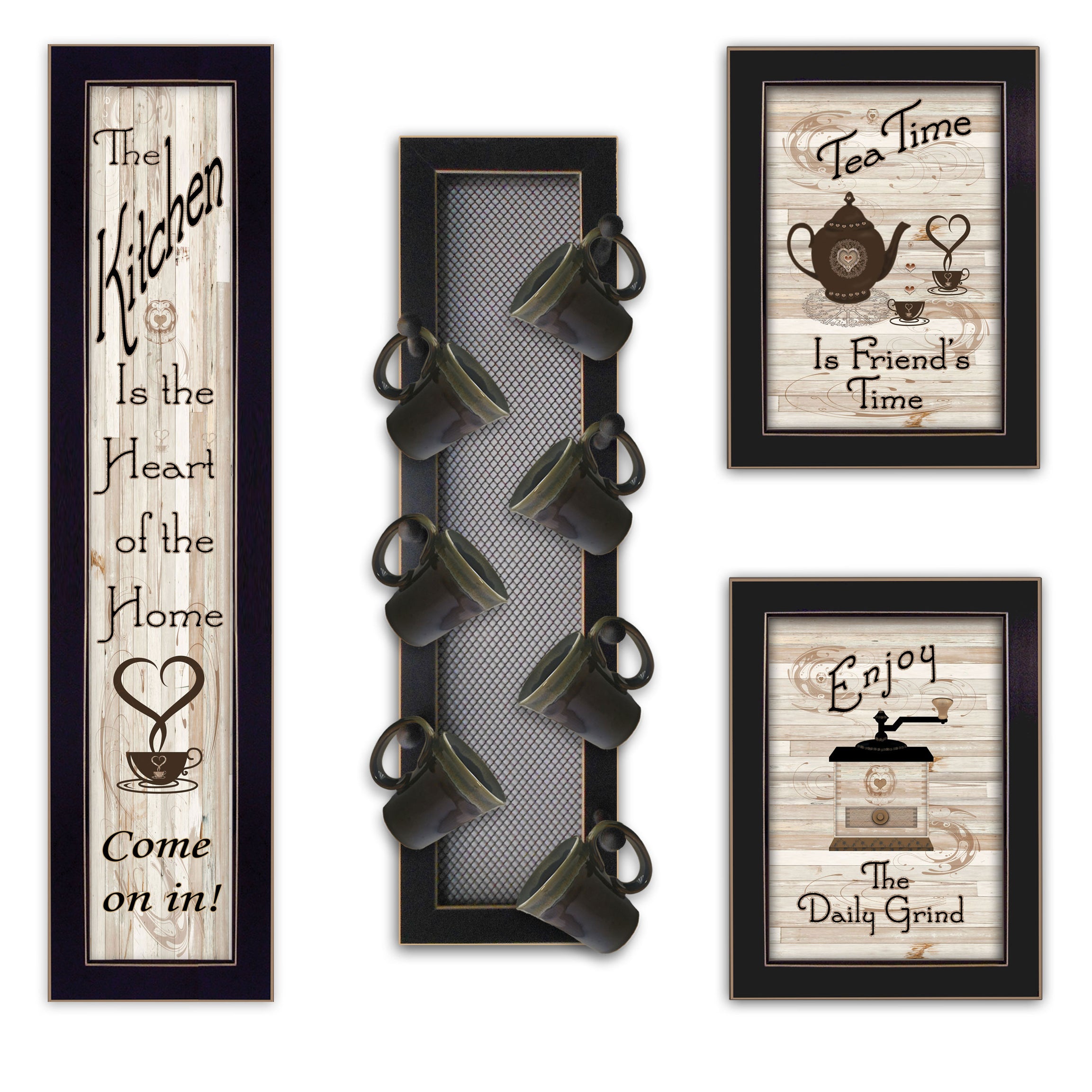 "Kitchen Collection V" 4-Piece Vignette with 7-Peg Mug Rack by Millwork Engineering, Black Frame--1