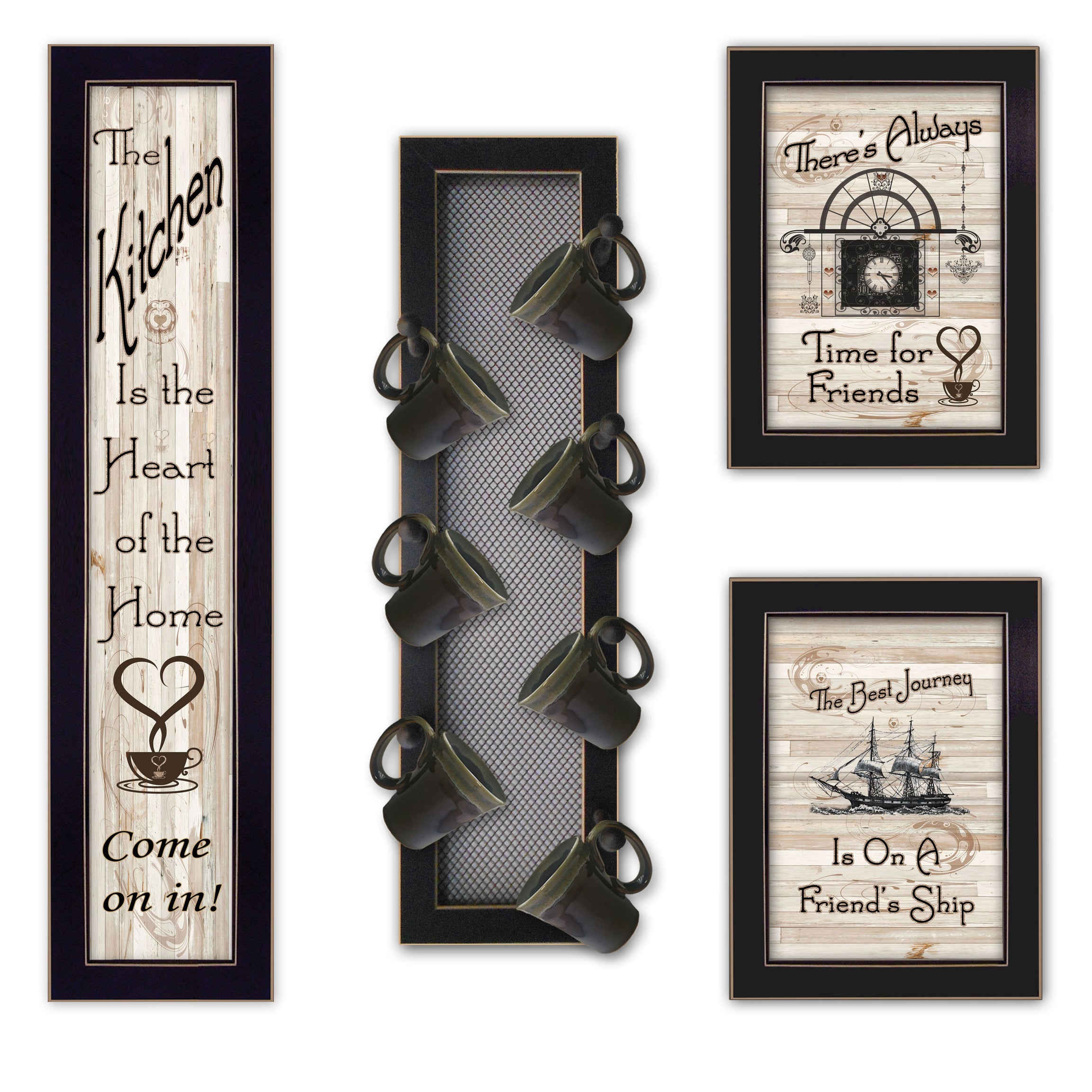 "Kitchen Collection VII" 4-Piece Vignette with 7-Peg Mug Rack by Millwork Engineering, Black Frame--1