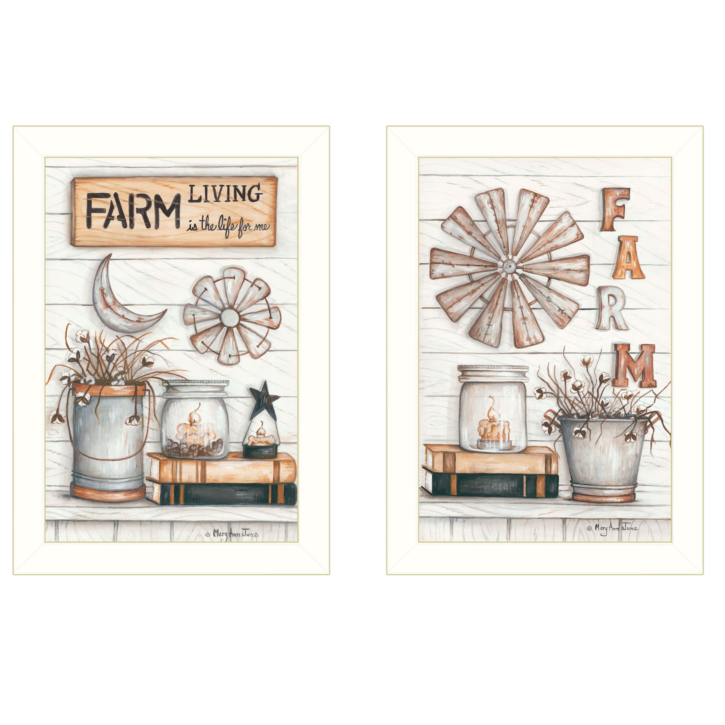 "Farm Living" 2-Piece Vignette by Mary Ann June, White Frame--1