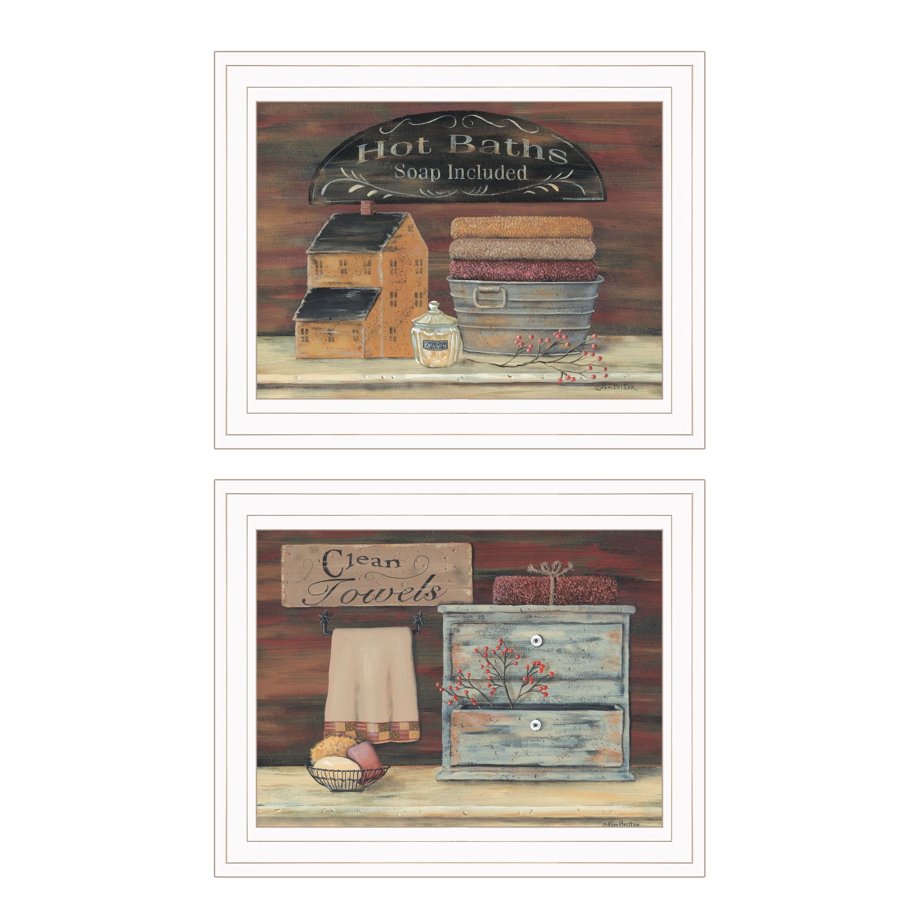 "Hot Bath / Clean Towels 2(17X14) Collection" 2-Piece Vignette By Pam Britton, White Frame--1