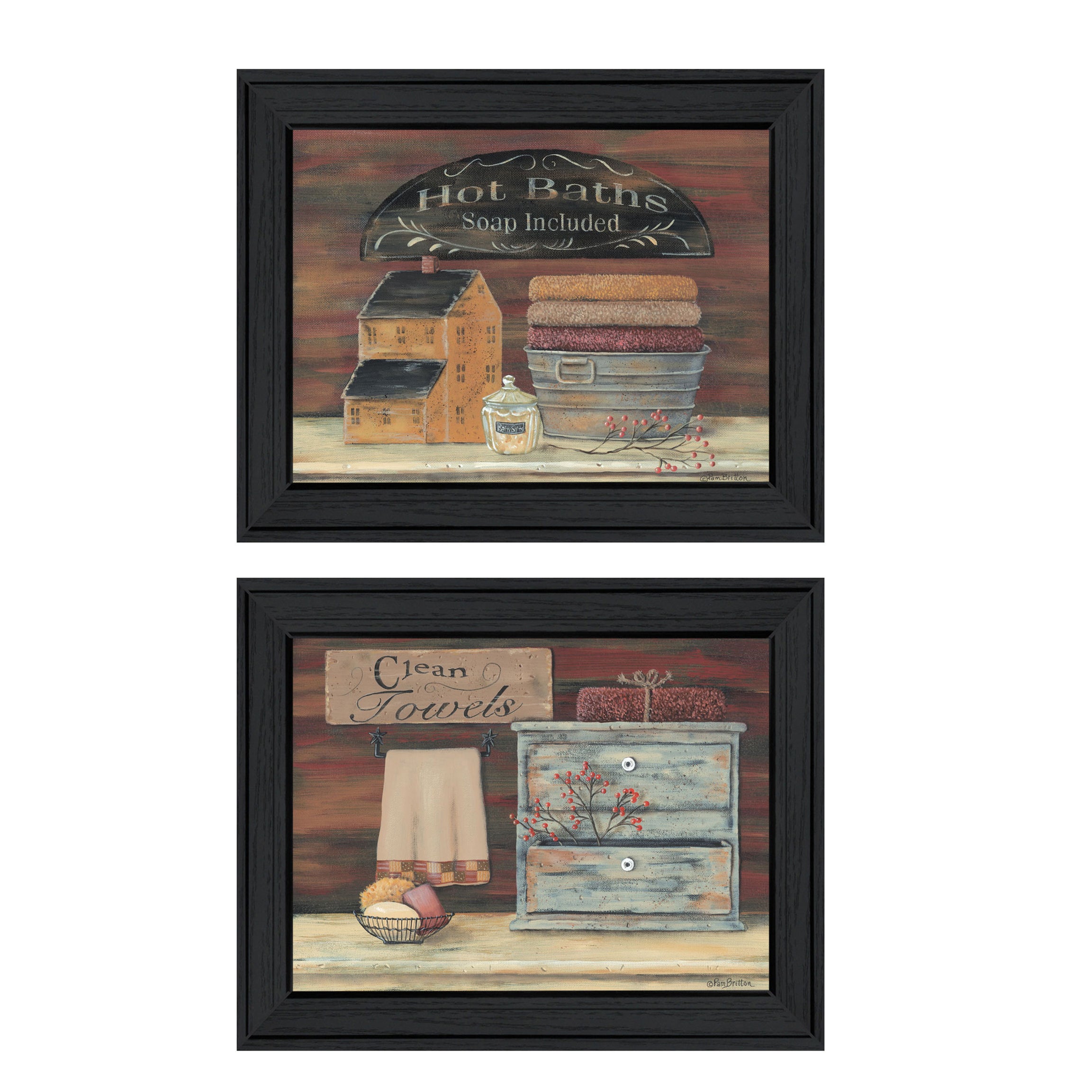 "Hot Bath / Clean Towels" 2-Piece Vignette by Pam Britton, Black Frame--1