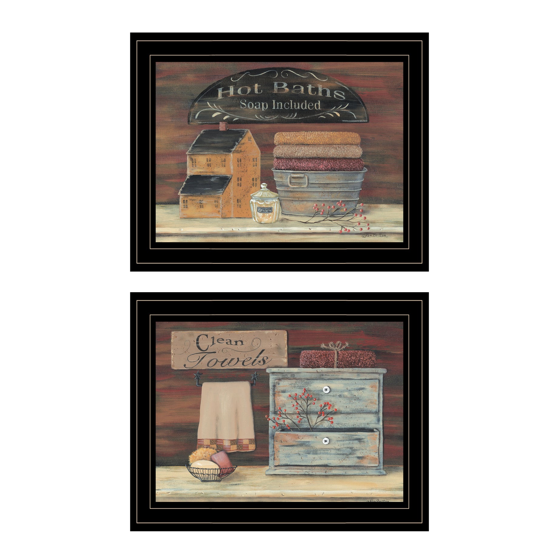 "Hot Bath / Clean Towels 2(17X14) Collection" 2-Piece Vignette By Pam Britton, Black Frame--1