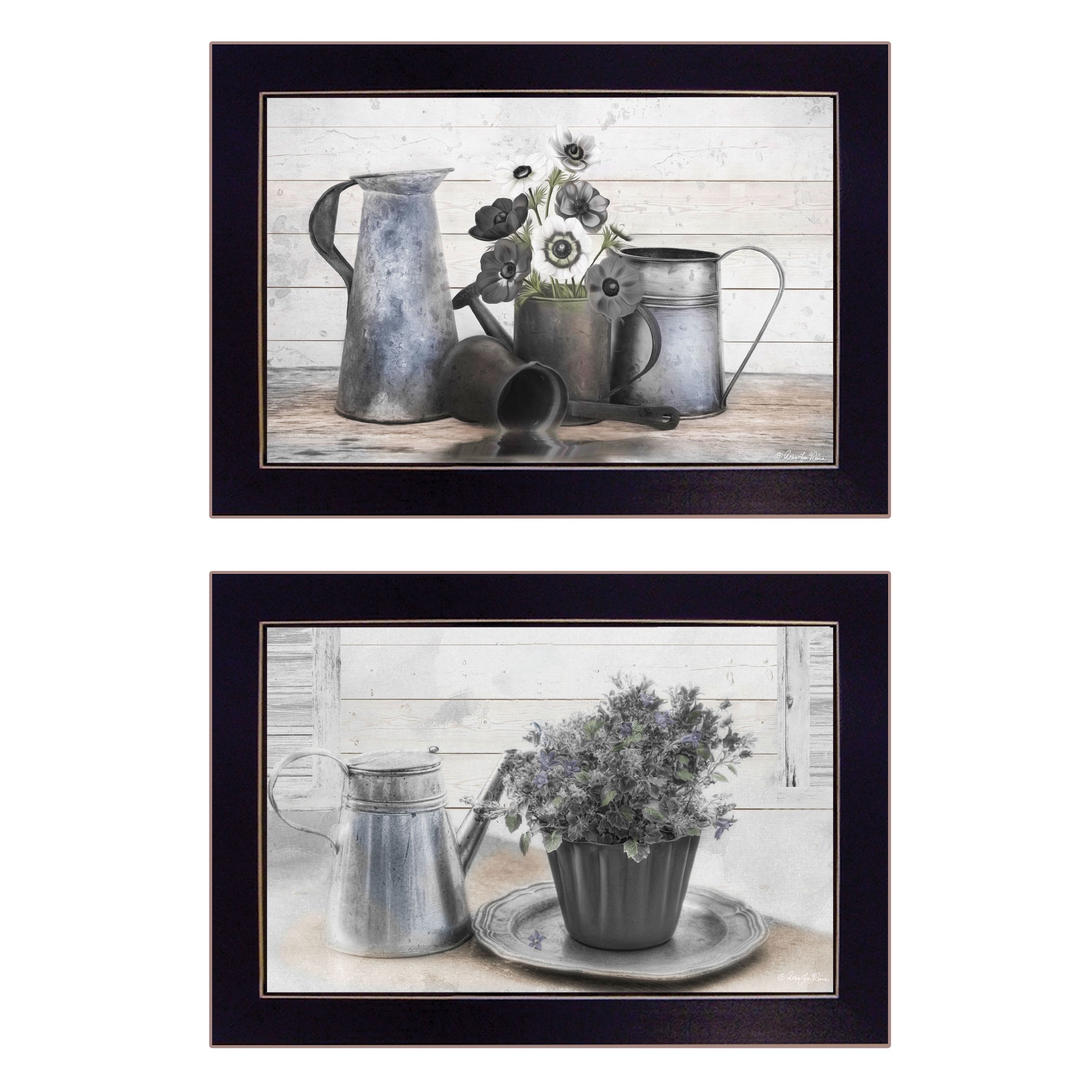 "Floral with Tin Ware" 2-Piece Vignette by Robin-Lee Vieira, Black Frame--1