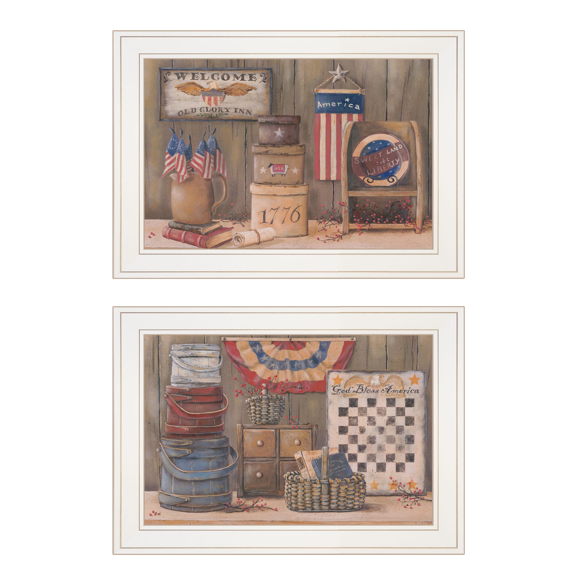 "God Bless / Sweet Land" 2-Piece Vignette by Pam Britton, White Frame--1