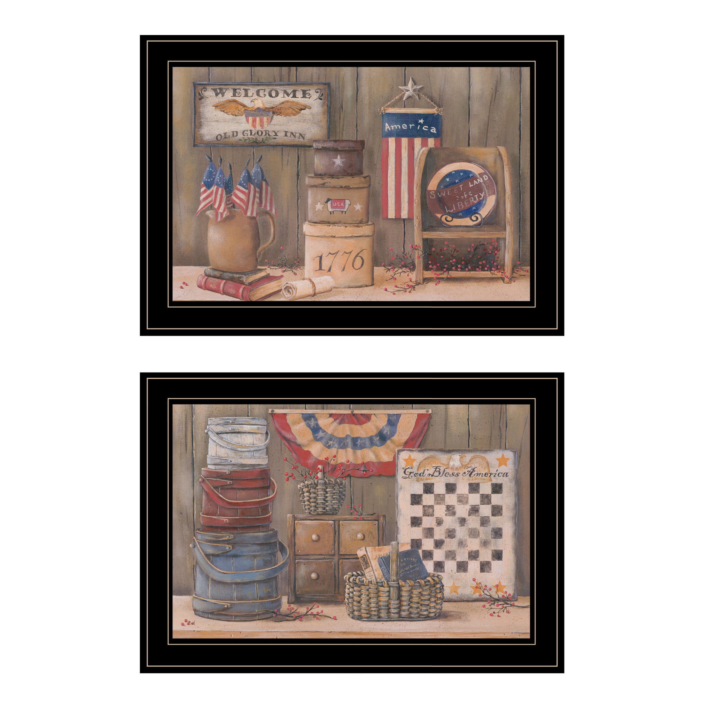 "God Bless / Sweet Land" 2-Piece Vignette by Pam Britton, Black Frame--1