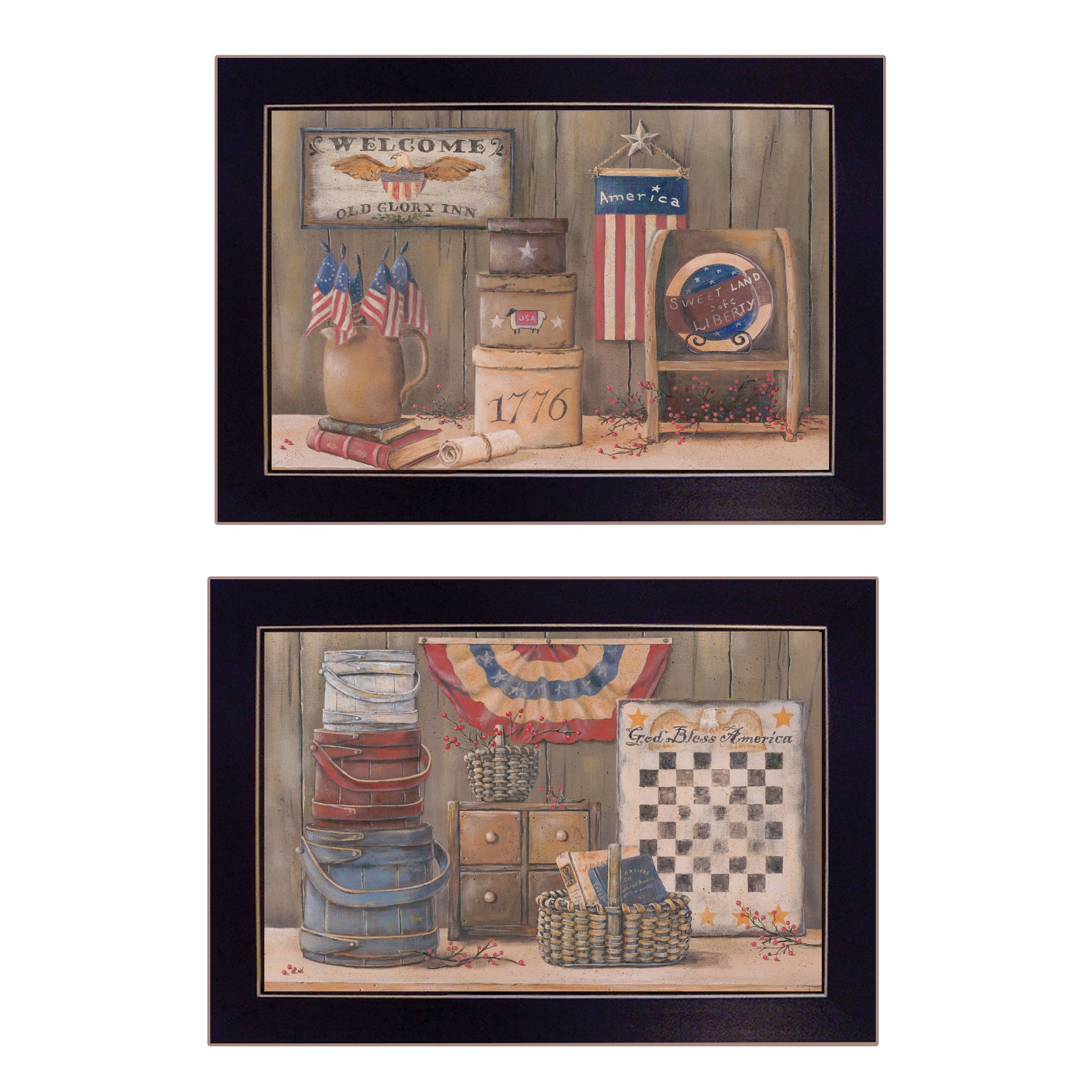 "God Bless / Sweet Land" 2-Piece Vignette by Pam Britton, Black Frame--1