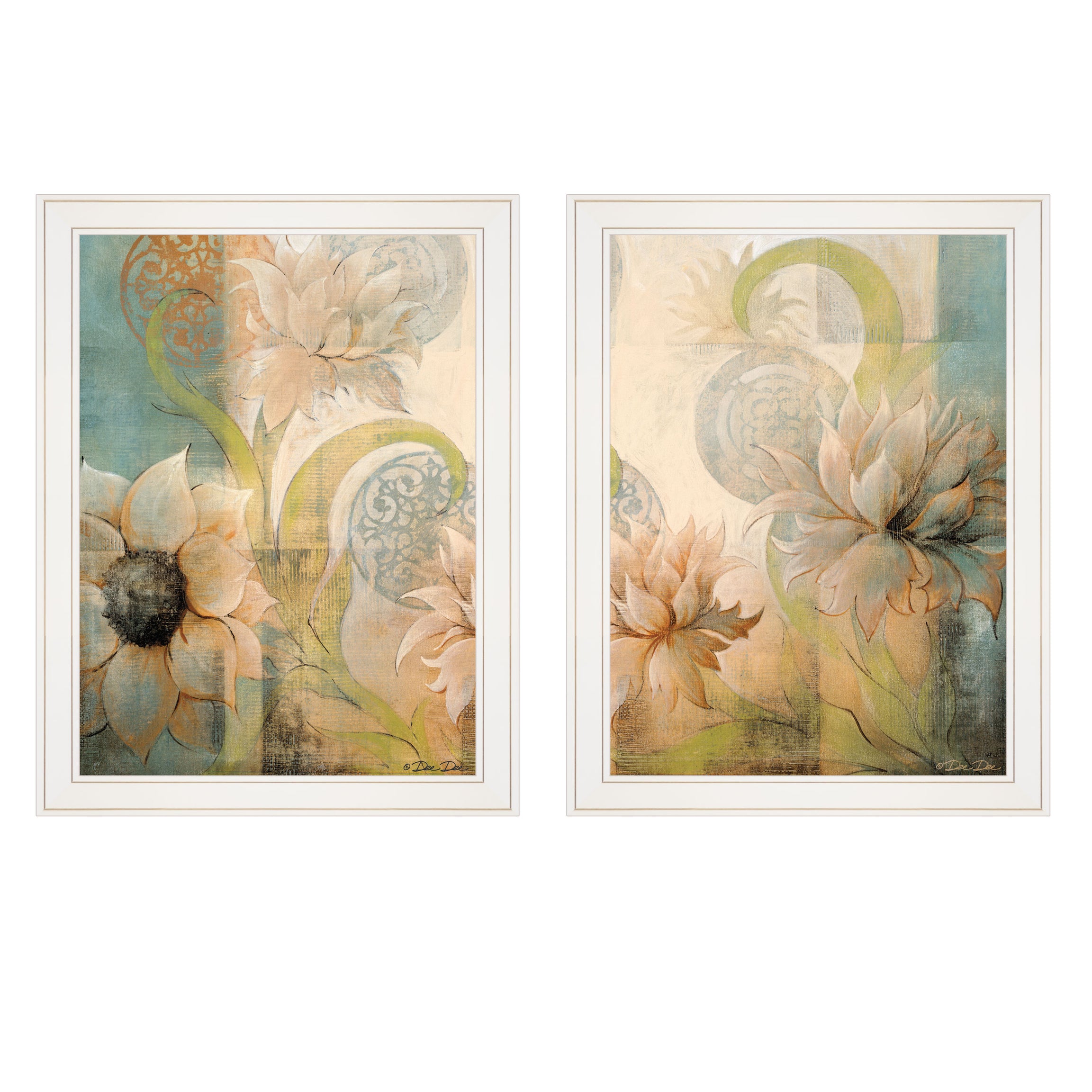 "Meandering Flowers I & II" 2-Piece Vignette by Dee Dee, White Frame--1