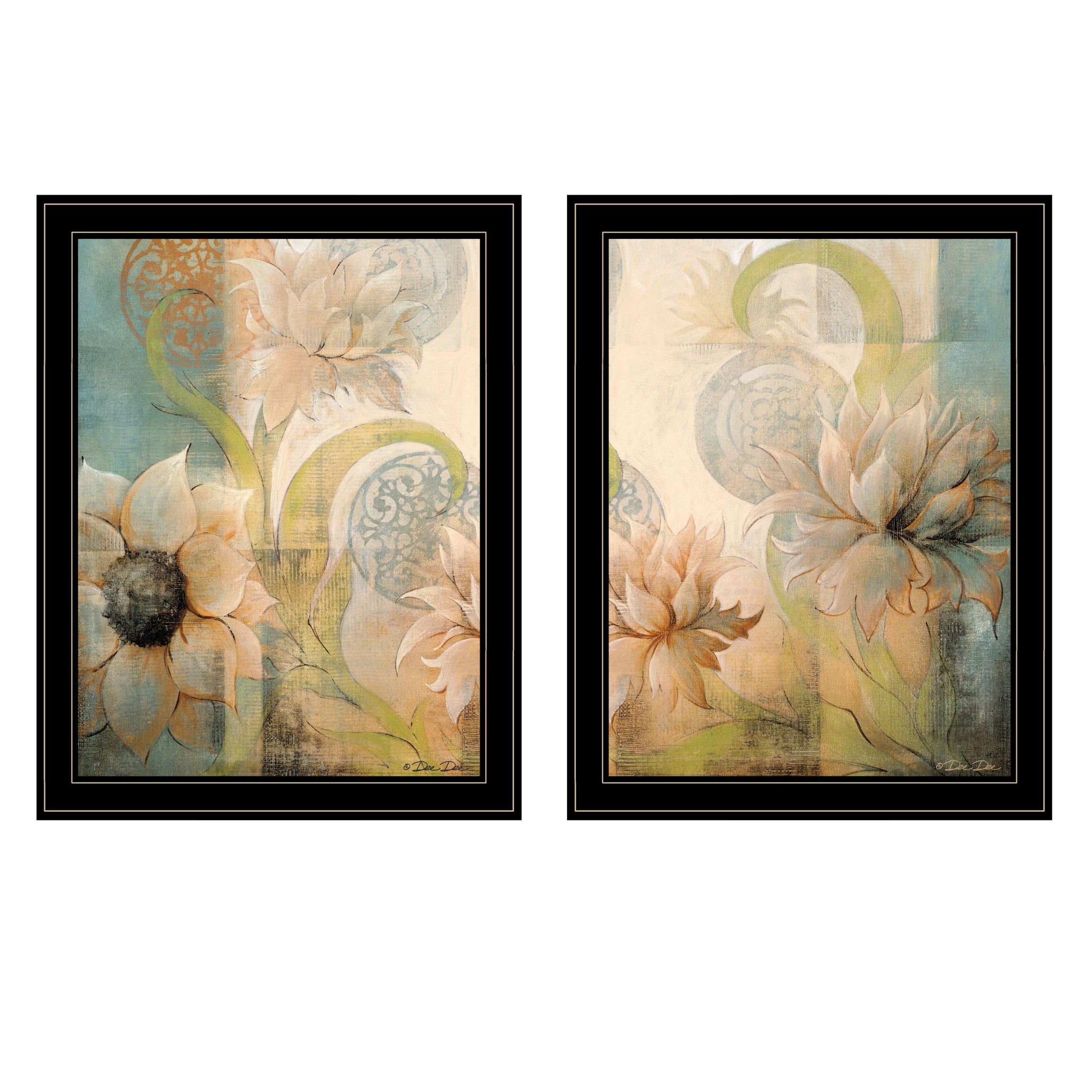 "Meandering Flowers I & II" 2-Piece Vignette by Dee Dee, Black Frame--1