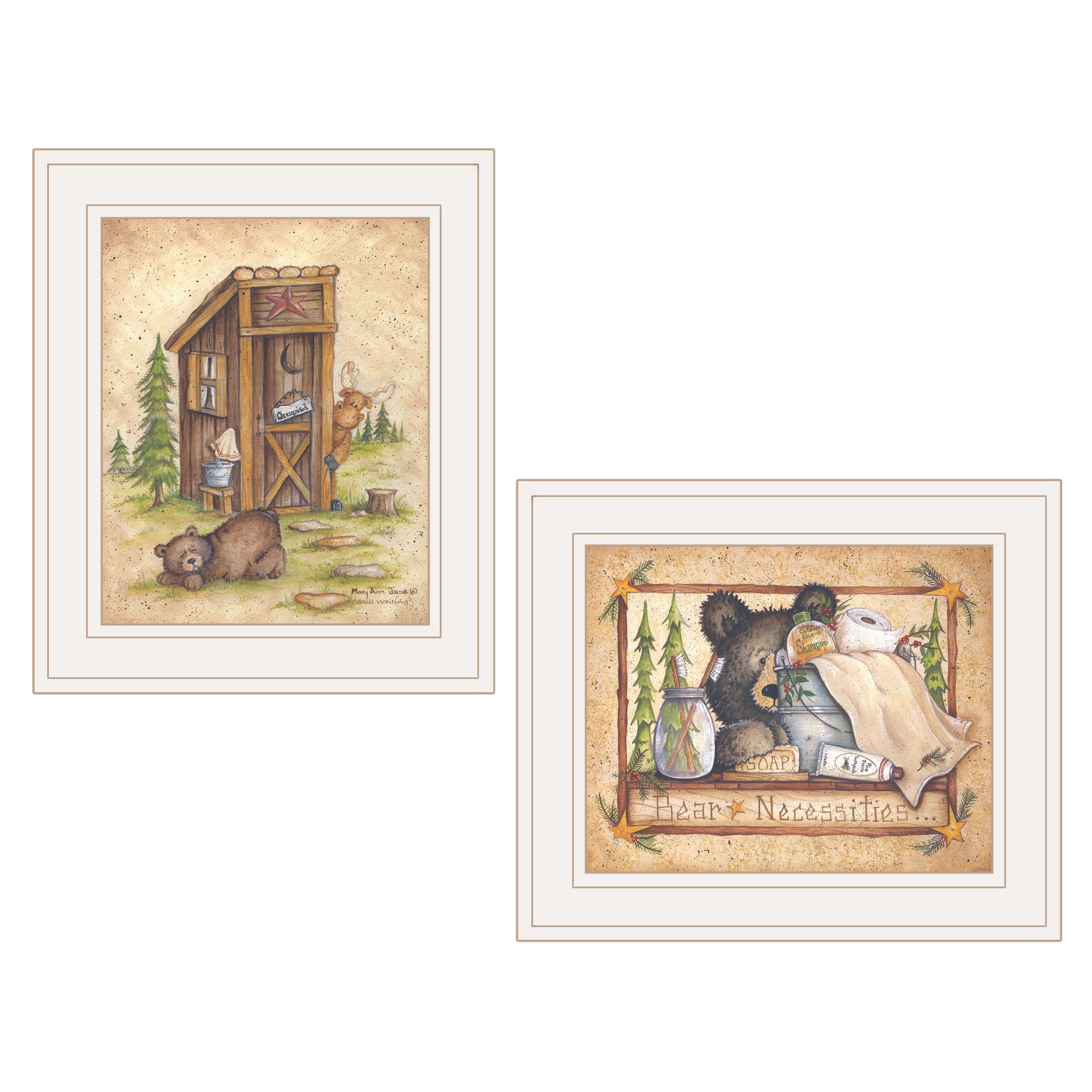 "Bear / Still Waiting" 2-Piece Vignette by Mary Ann June, White Frame--1