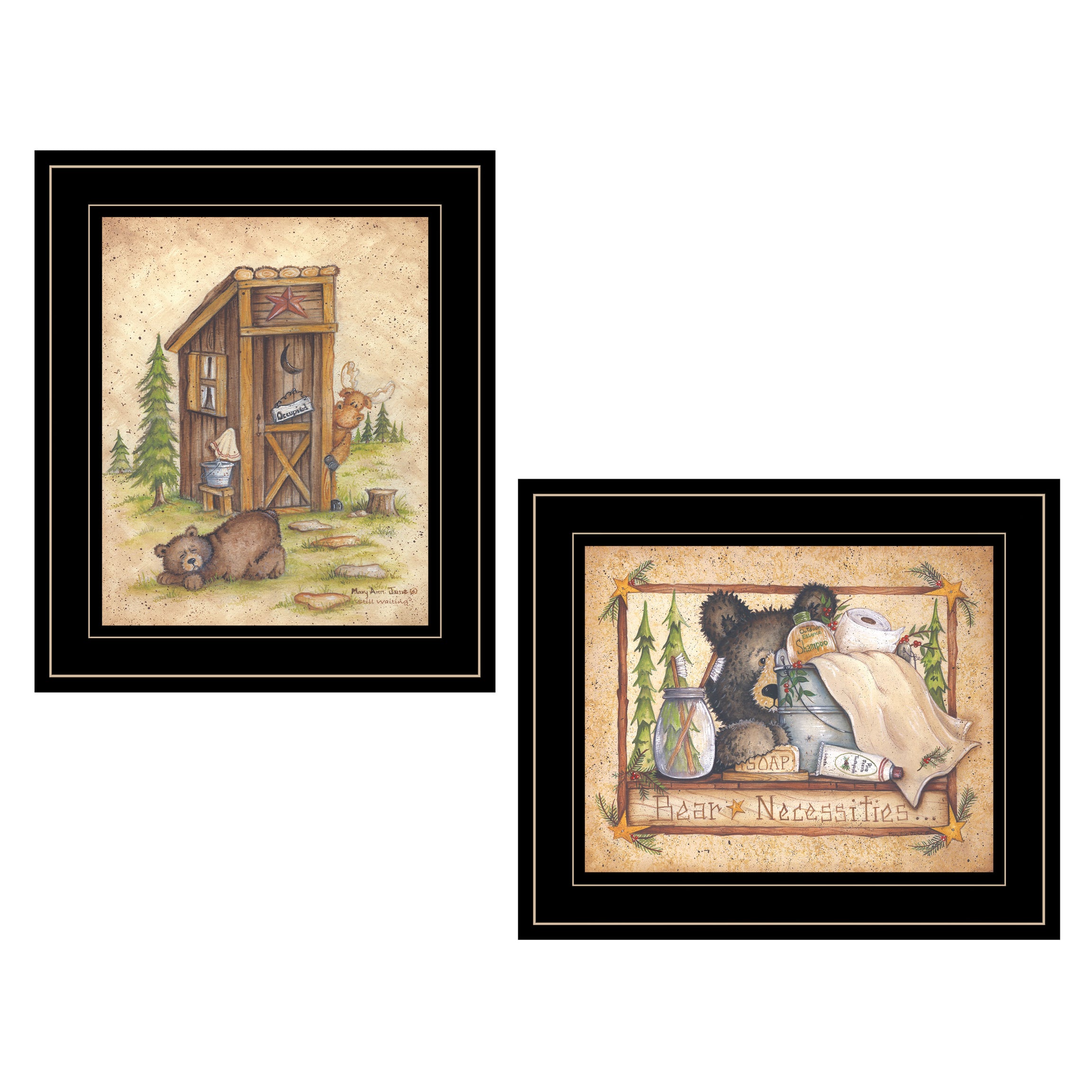 "Bear / Still Waiting" 2-Piece Vignette by Mary Ann June, Black Frame--1