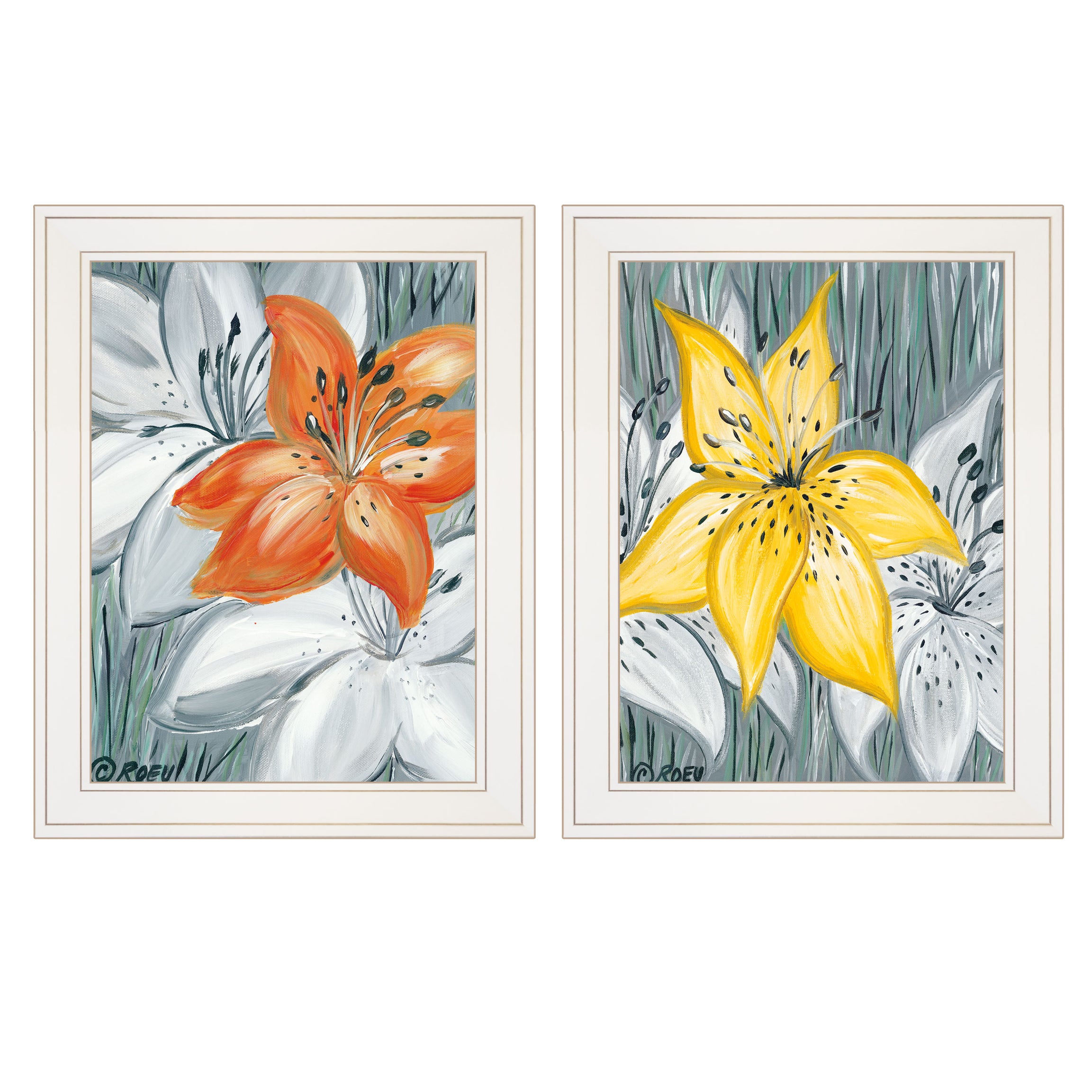 "Tiger Lilies" 2-Piece Vignette by Roey Ebert, White Frame--1