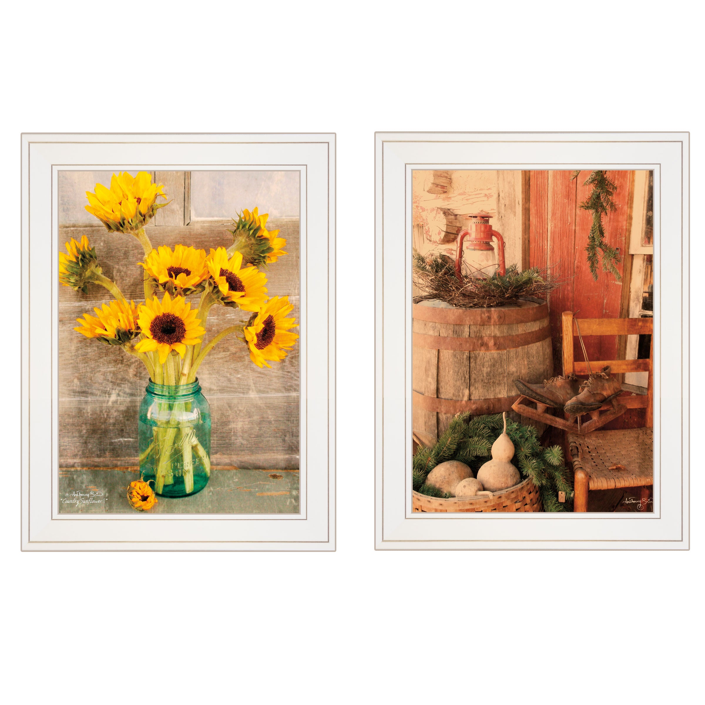 "Vintage Country & Sunflowers" 2-Piece Vignette by Anthony Smith, White Frame--1