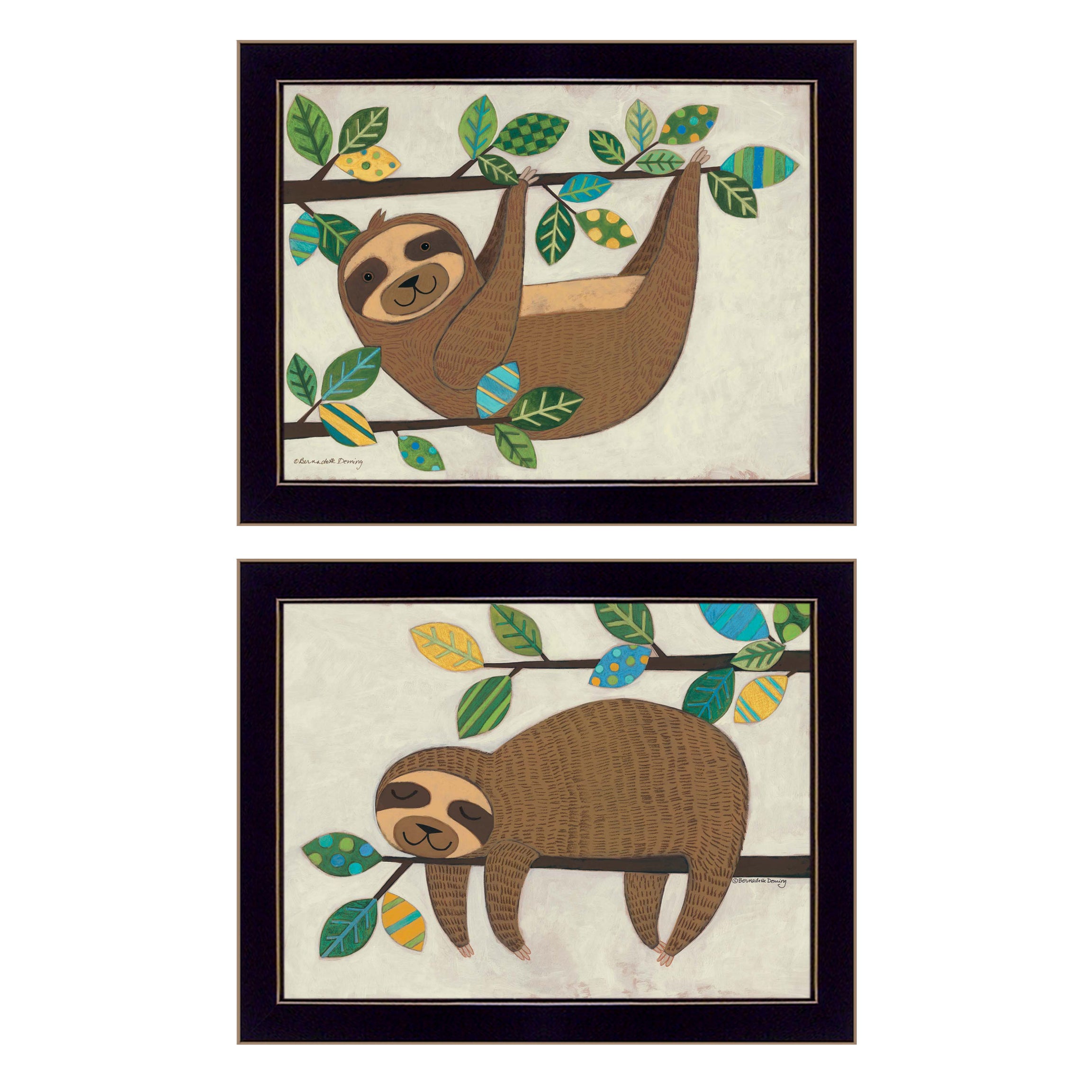 "Cute Sloths" 2-Piece Vignette by Bernadette Deming, Black Frame--1