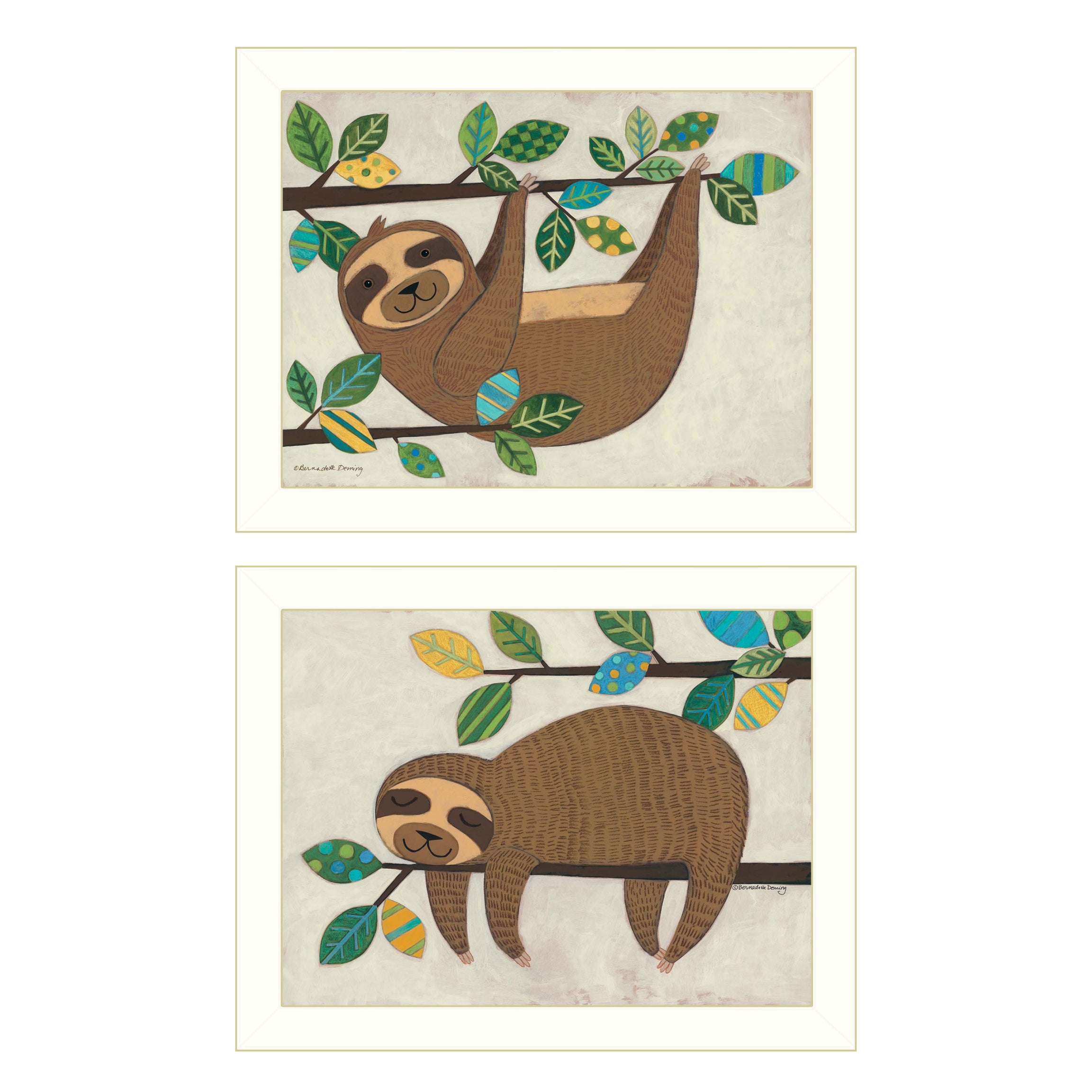 "Cute Sloths" 2-Piece Vignette by Bernadette Deming, White Frame--1