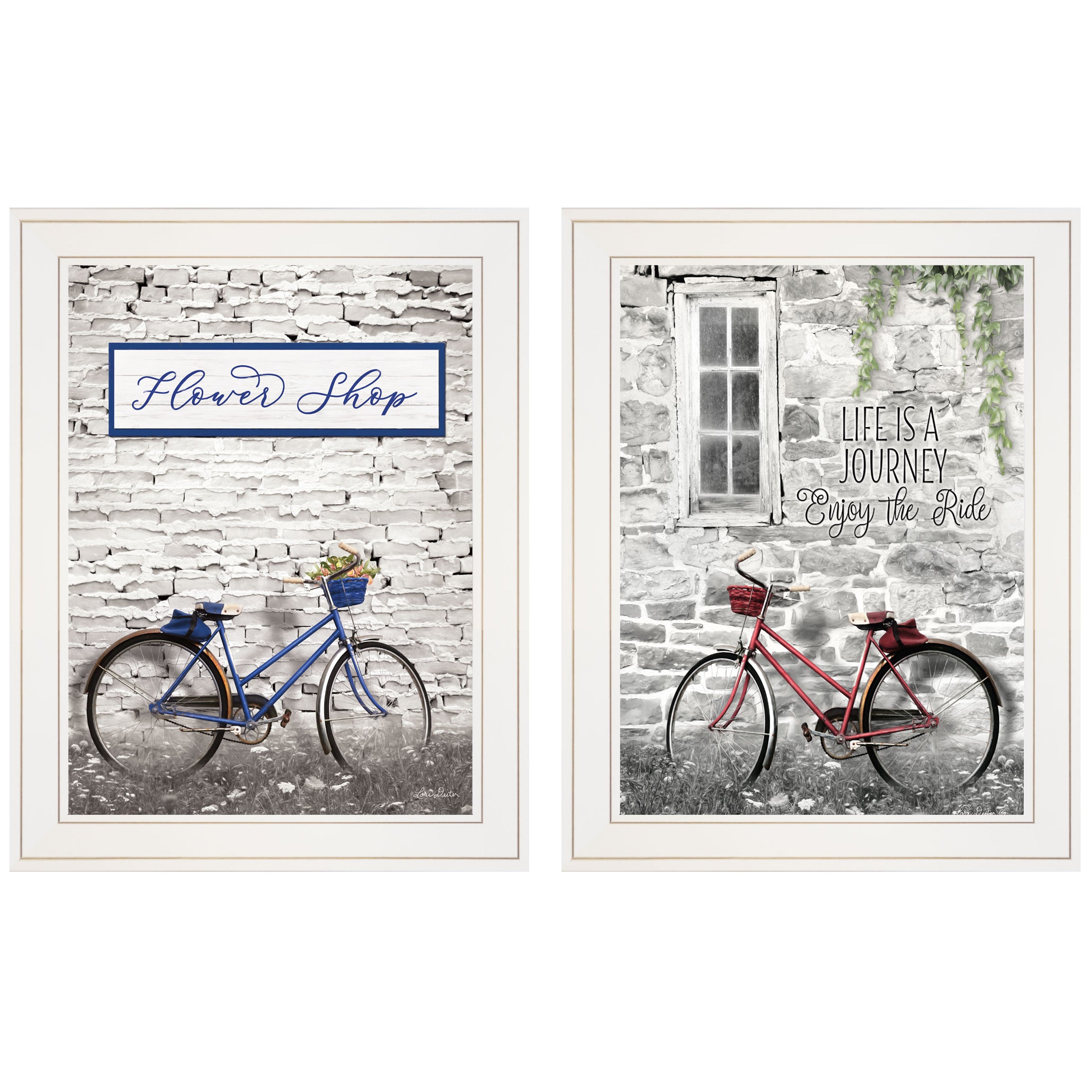 "Romantic Bicycles" 2-Piece Vignette by Lori Deiter, White Frame--1